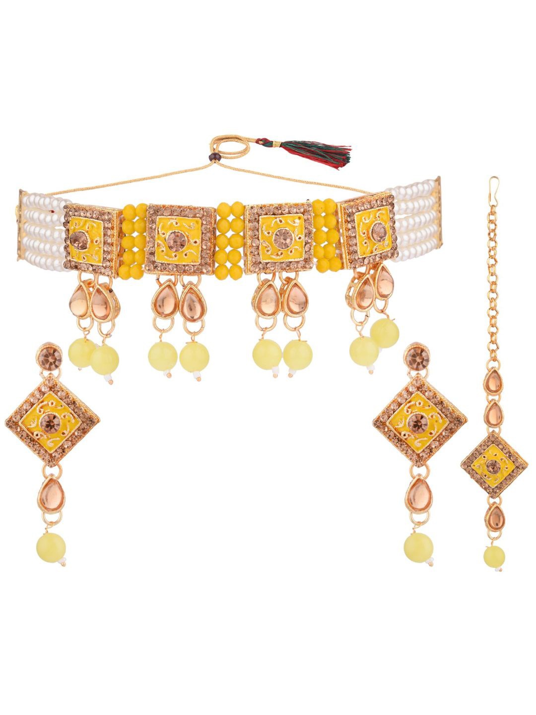 

Efulgenz Gold-Plated Yellow & White Crystal Studded & Beaded Traditional Jewellery Set