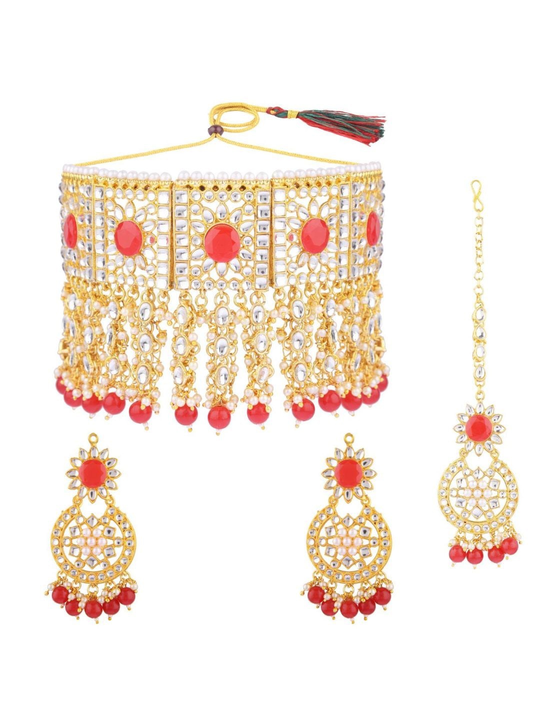 

Efulgenz Gold-Plated Red & White Stone Studded & Beaded Traditional Bridal Jewellery Set