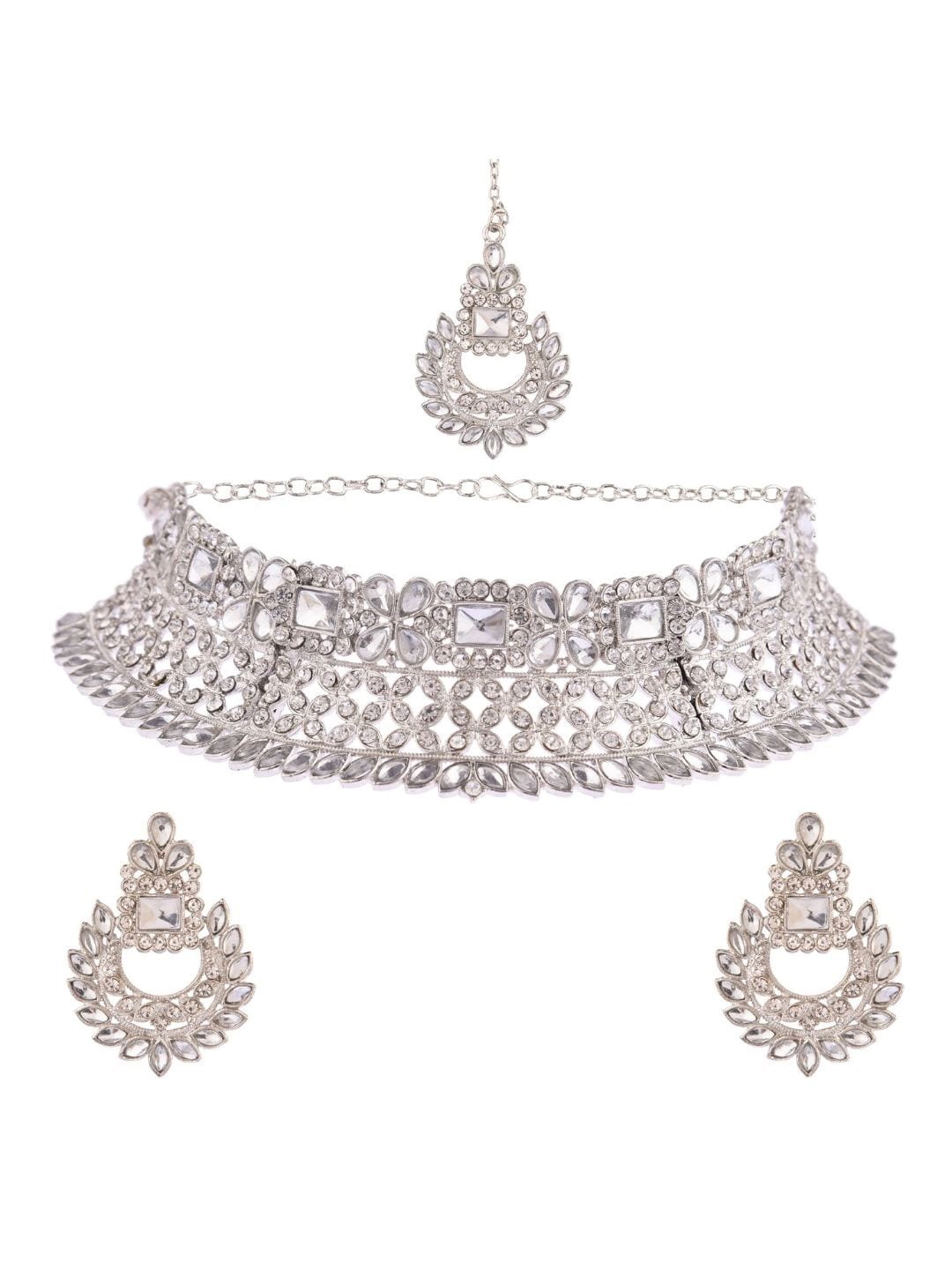 

Efulgenz Rhodium-Plated White Crystal Studded Bridal Jewellery Set, Silver