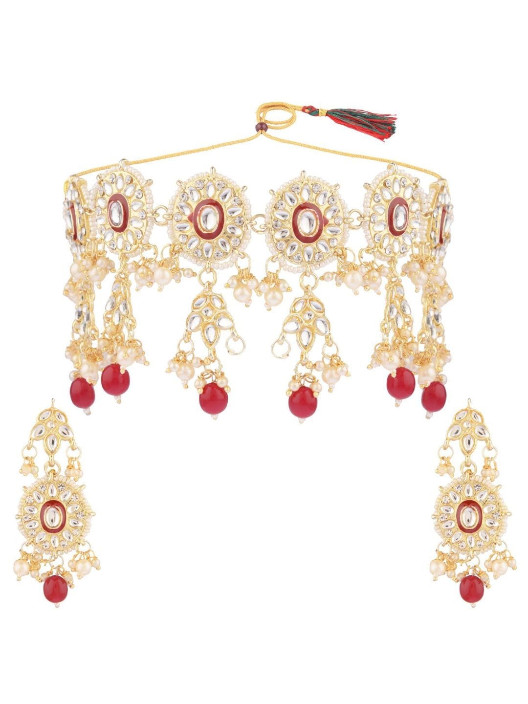 

Efulgenz Gold-Plated Maroon & White Stone Studded & Beaded Traditional Jewellery Set