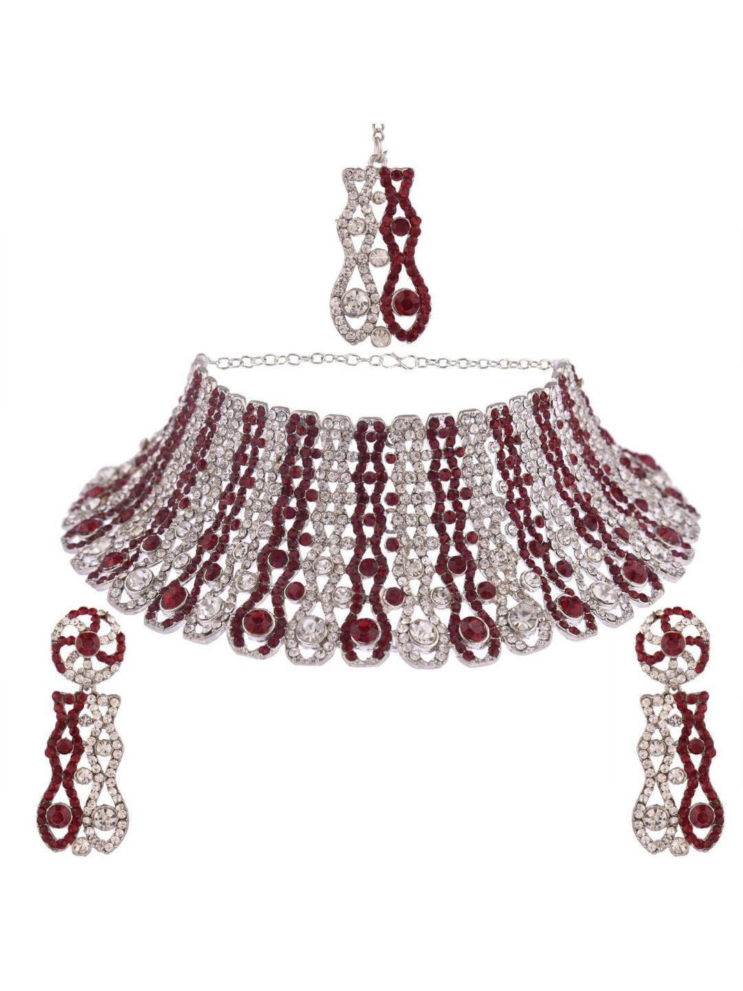 

Efulgenz Gold-Plated Maroon & White Crystal Studded Traditional Bridal Jewellery Set