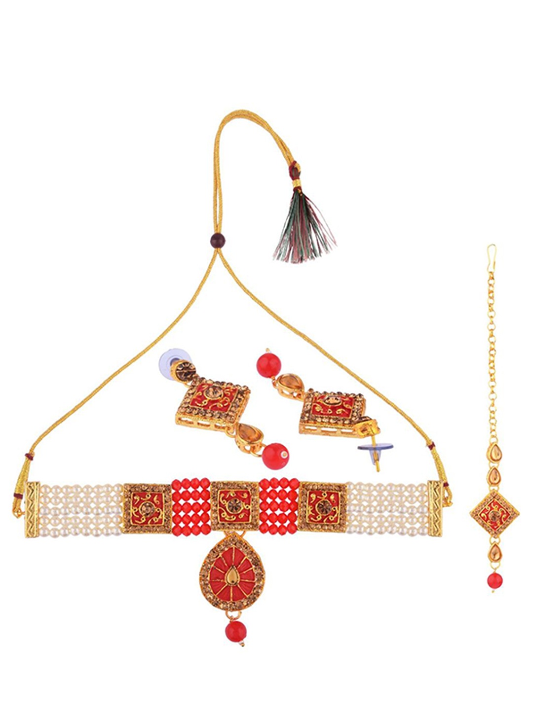 

Efulgenz Gold-Plated Red & White Crystal Studded & Beaded Traditional Jewellery Set