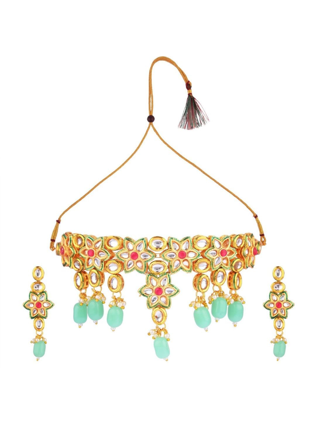 

Efulgenz Gold-Plated White & Blue Kundan-Studded & Beaded Traditional Jewellery Se
