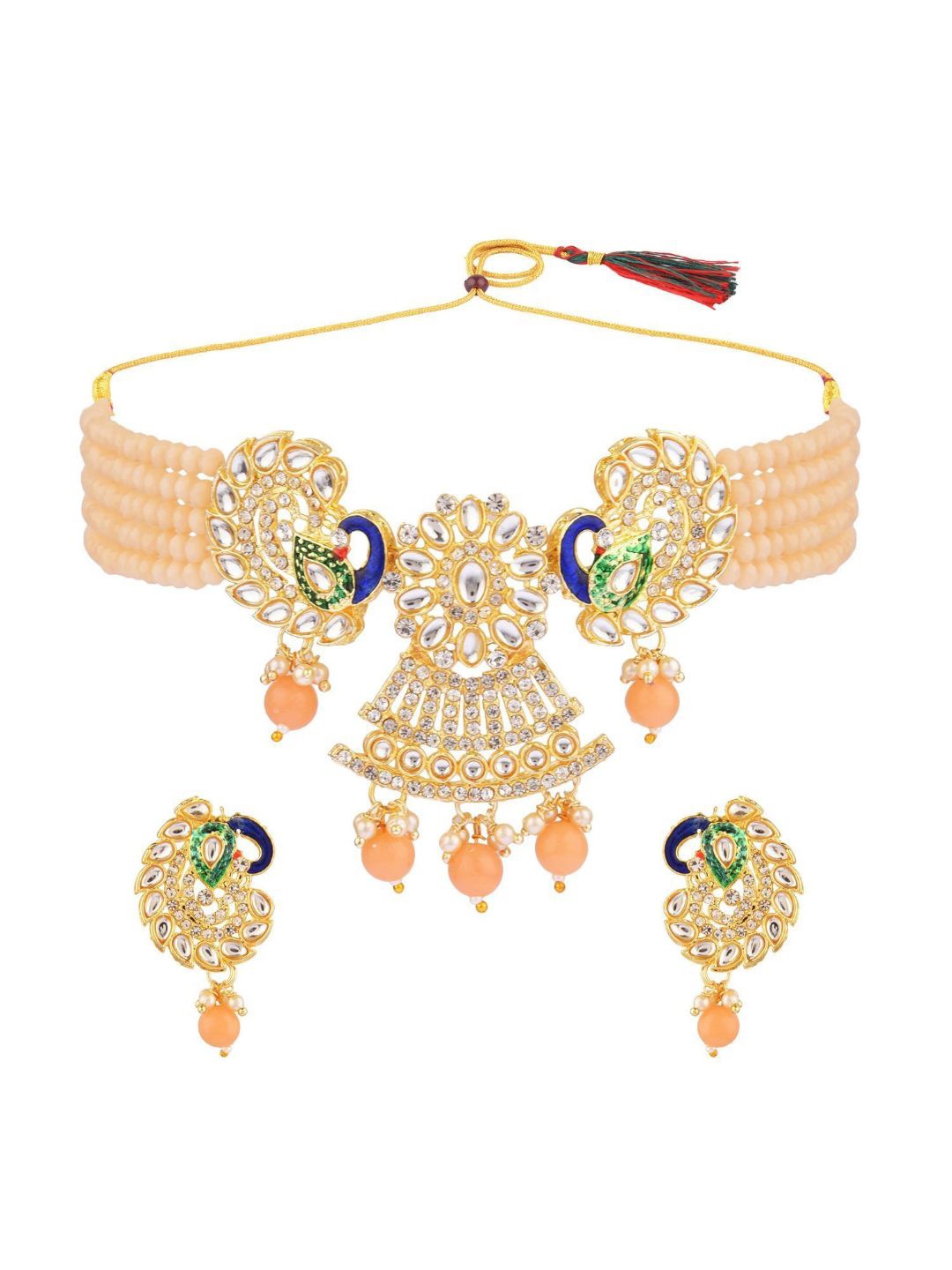 

Efulgenz Gold-Plated Peach Coloured & White Crystal Studded & Beaded Traditional Jewellery Set