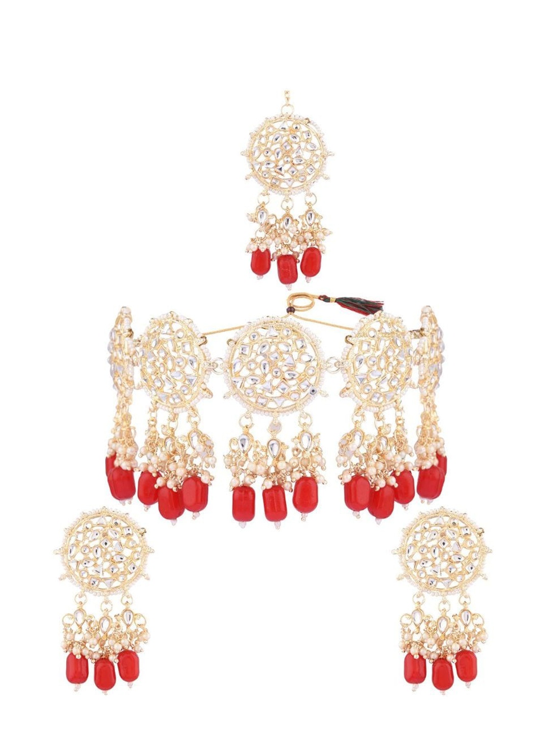 

Efulgenz Gold-Plated Red & White Crystal Studded & Beaded Traditional Jewellery Set
