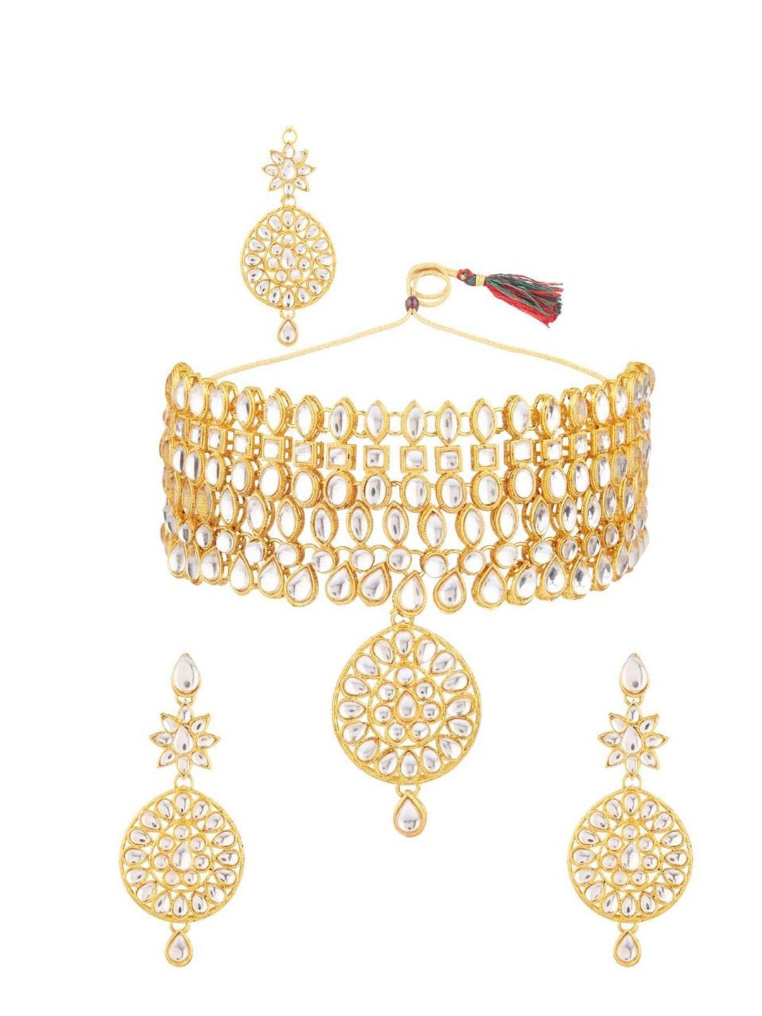 

Efulgenz Gold-Plated White Kundan-Studded & Beaded Traditional Bridal Jewellery Set