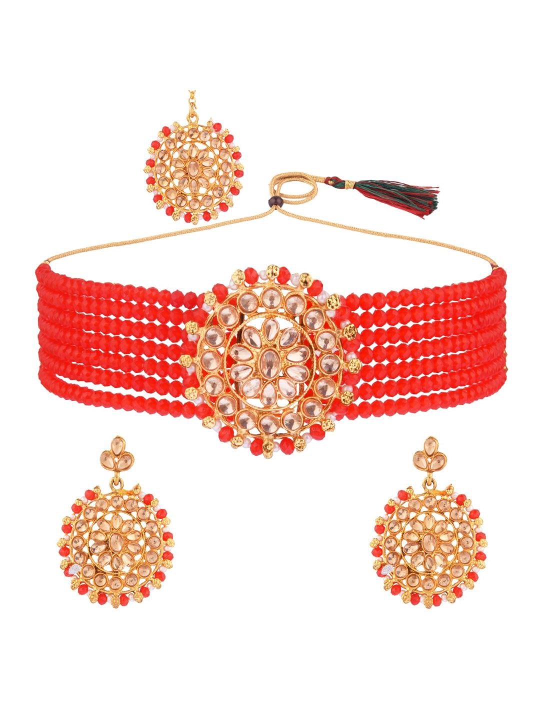 

Efulgenz Gold-Plated Red & White Crystal Studded & Beaded Traditional Bridal Jewellery Set