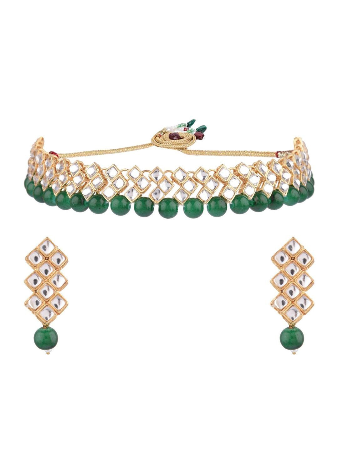 

Efulgenz Gold-Plated Green & White Kundan-Studded Jewellery Set