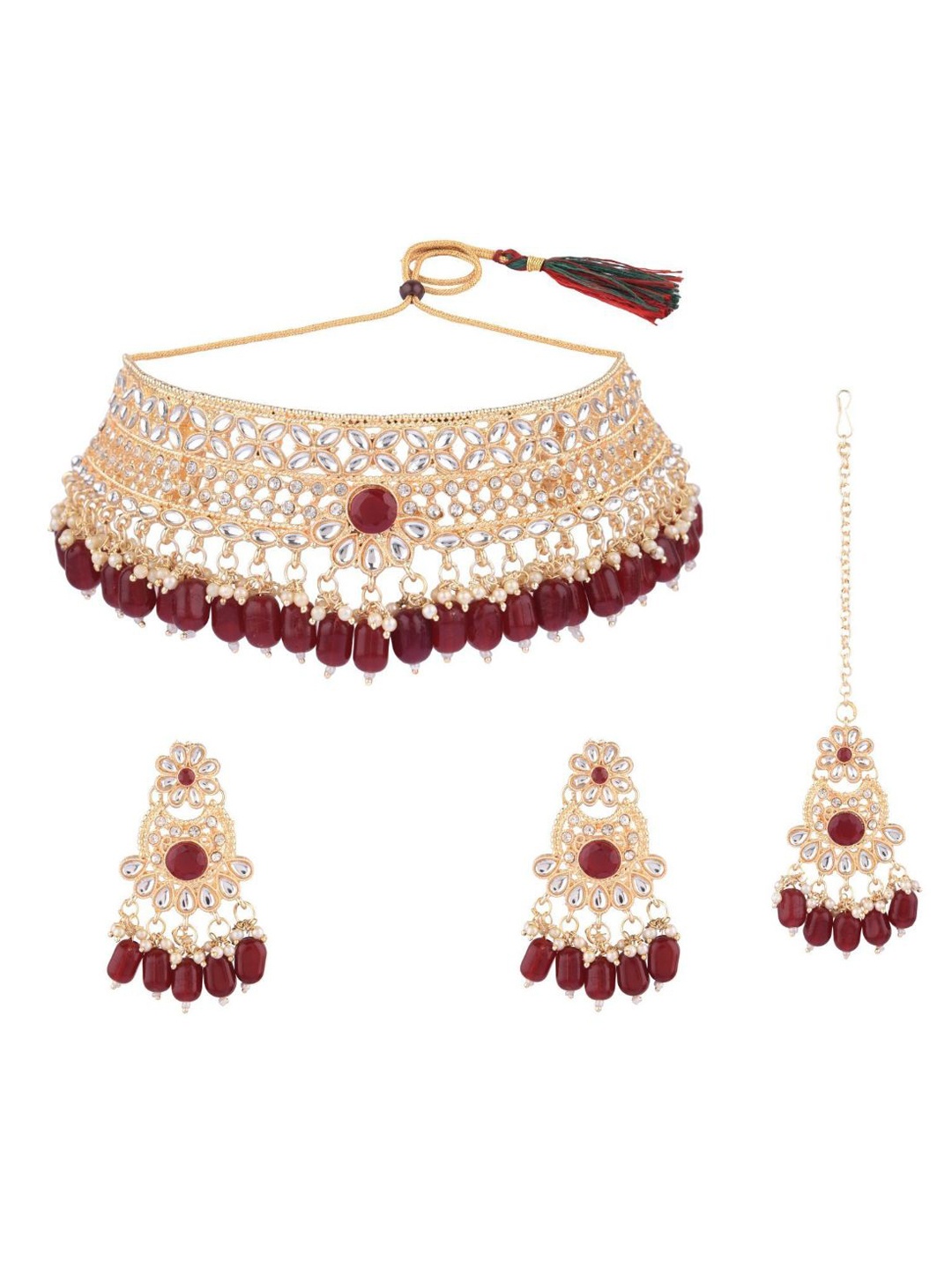 

Efulgenz Gold-Plated Maroon & White Crystal Studded & Beaded Traditional Bridal Jewellery Set