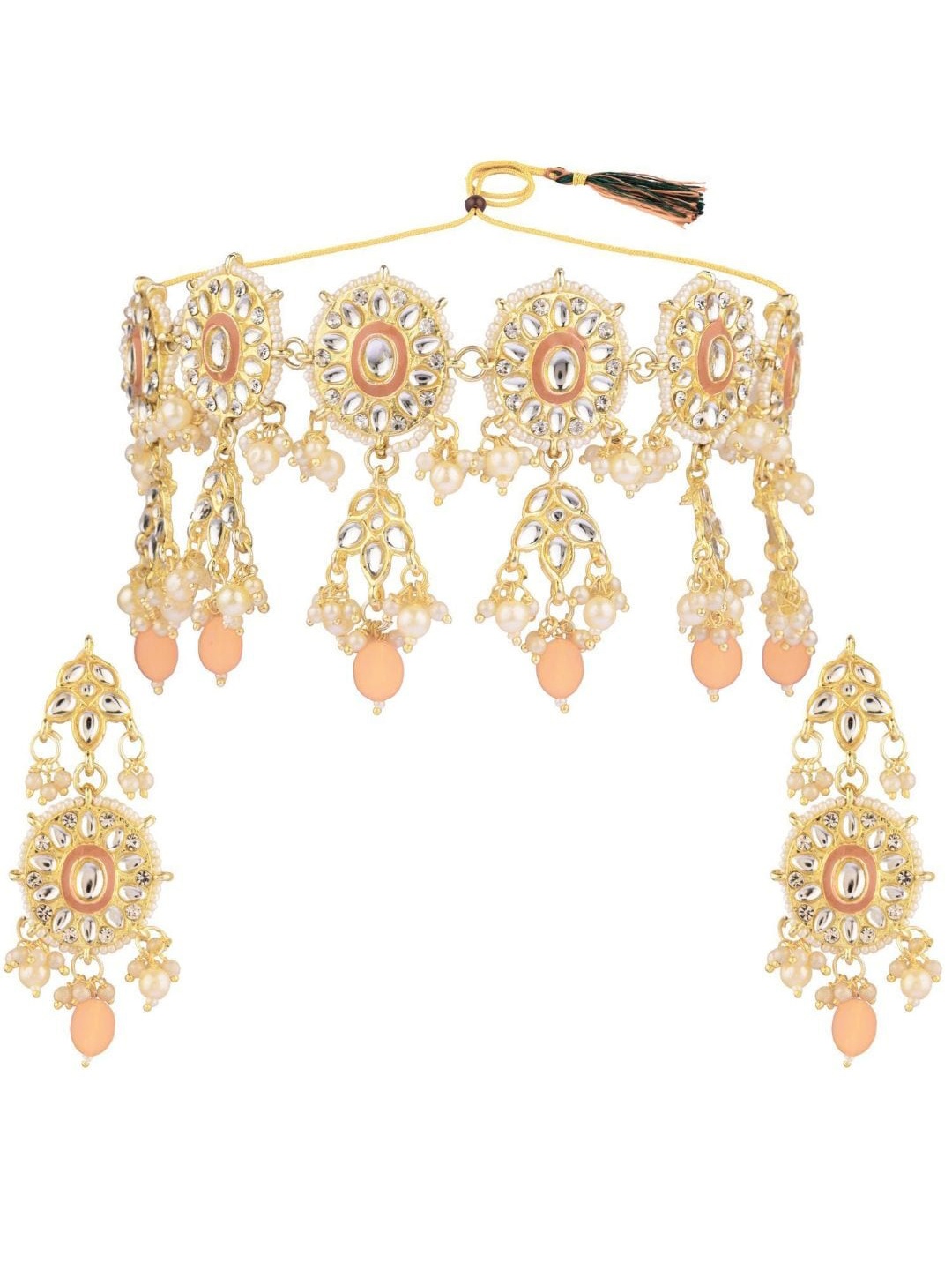 

Efulgenz Gold-Plated Peach Coloured & White Stone Studded & Beaded Traditional Jewellery Set