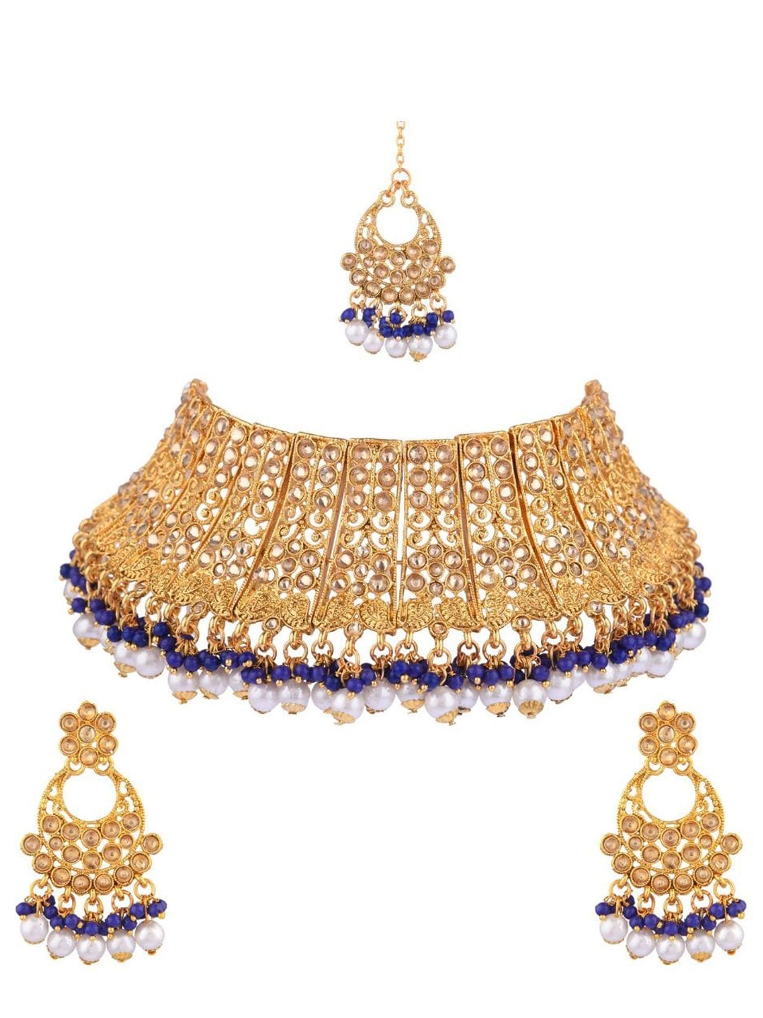 

Efulgenz Gold-Plated Blue & White Crystal Studded & Beaded Traditional Jewellery Set