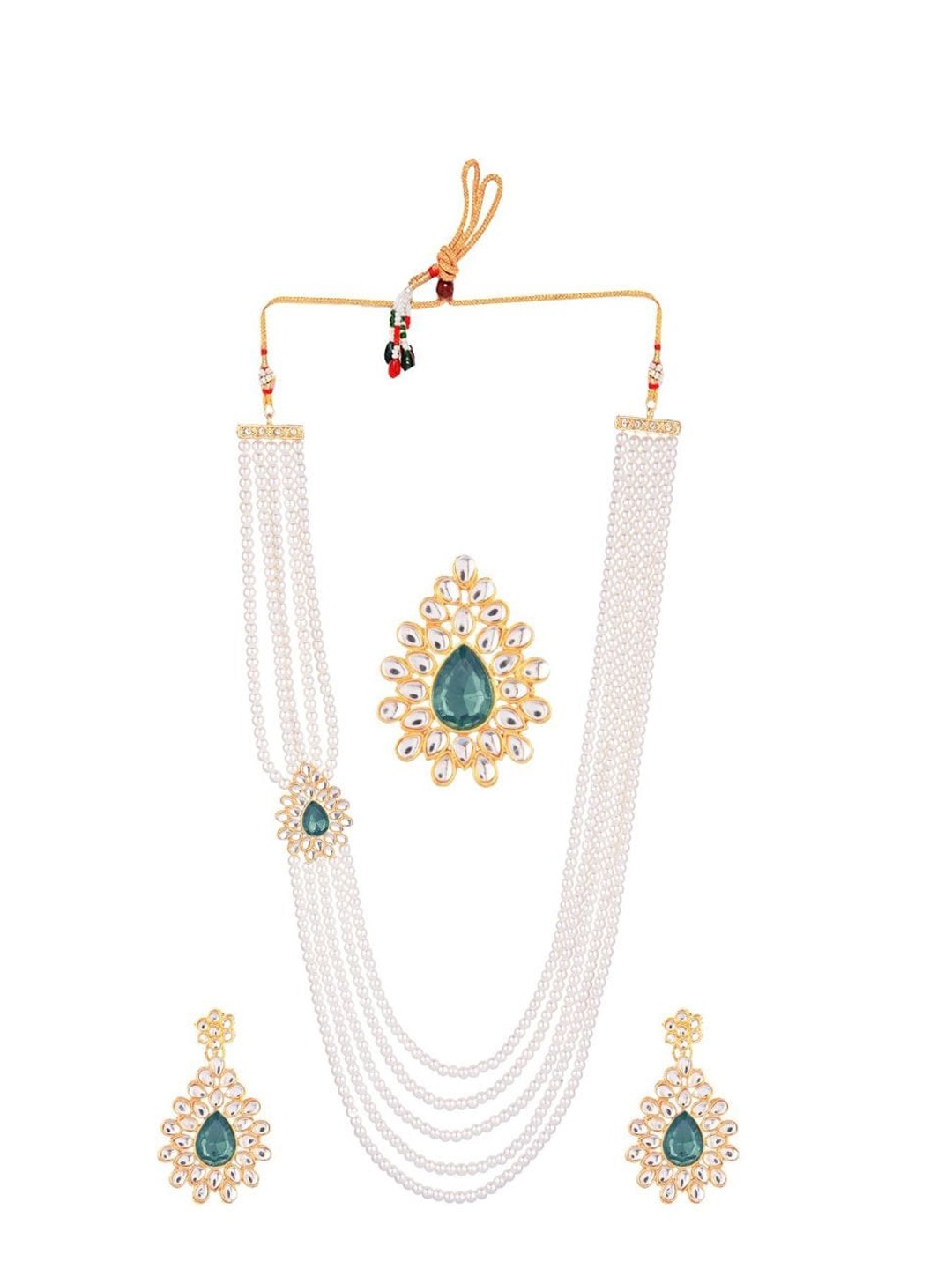 

Efulgenz Gold-Plated White & Green Stone-Studded & Beaded Traditional Jewellery Set