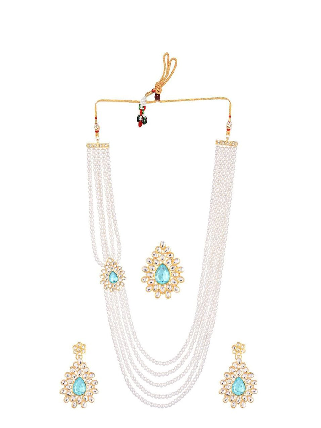 

Efulgenz Gold-Plated Blue & White Stone Studded & Beaded Traditional Jewellery Set