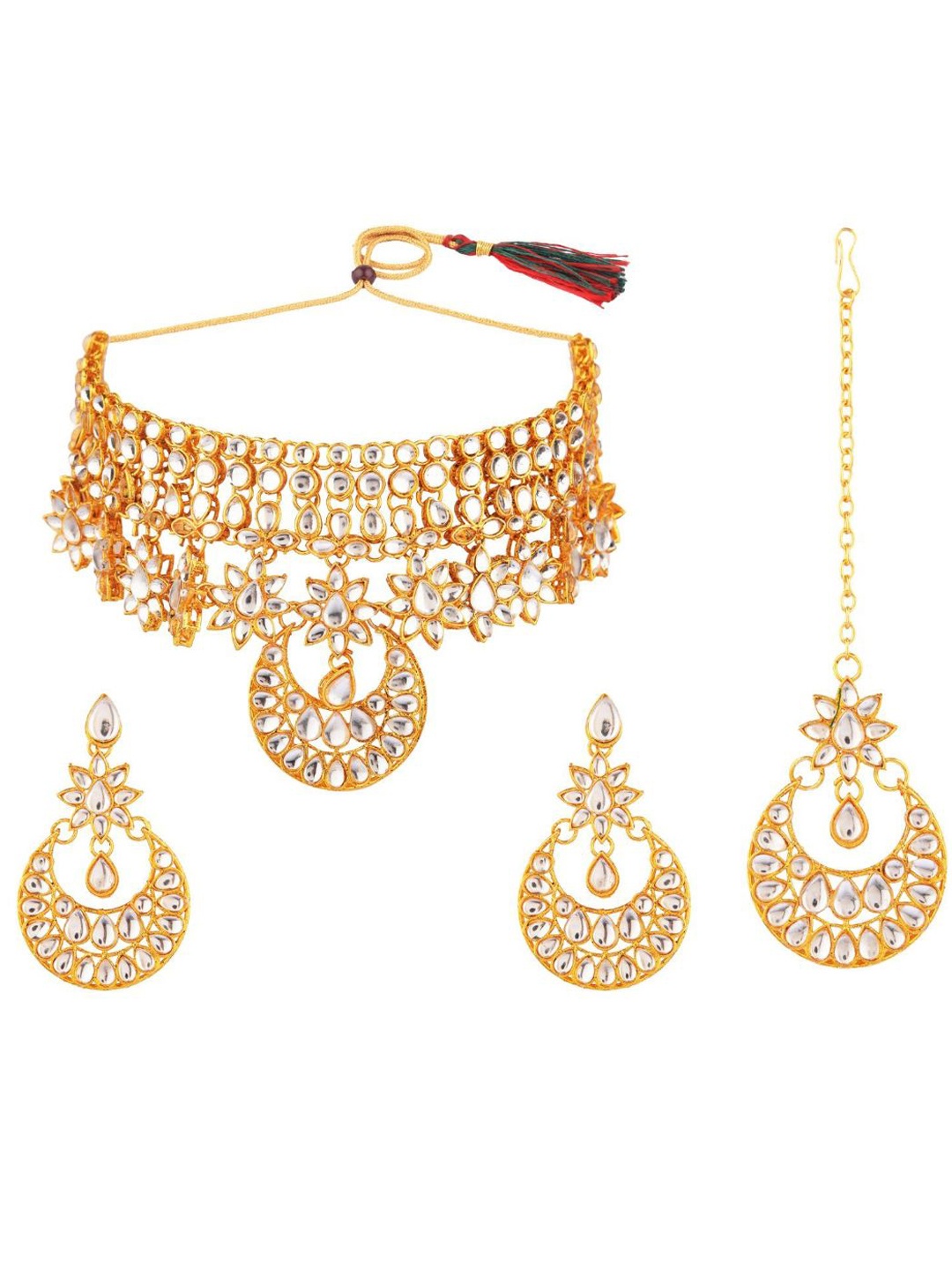 

Efulgenz Gold-Plated White Kundan-Studded & Beaded Traditional Jewellery Set