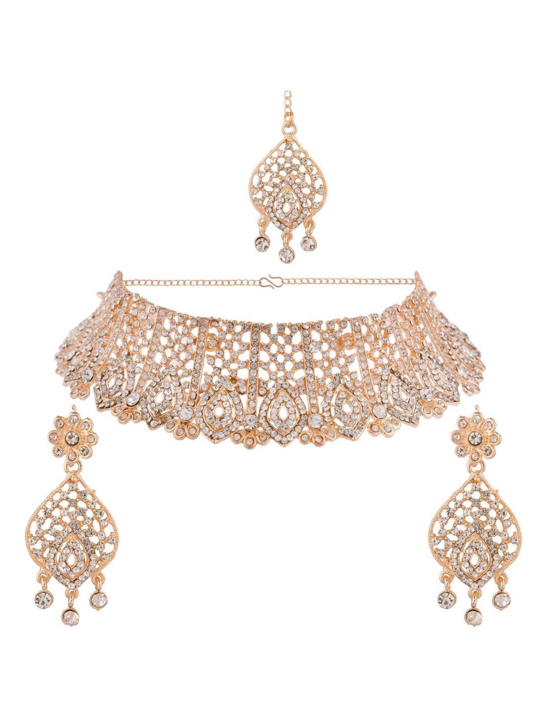 

Efulgenz Gold-Plated White Crystal Studded & Beaded Traditional Jewellery Set