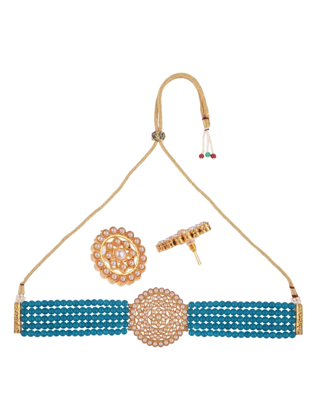 

Efulgenz Gold-Plated Blue & White Stone Studded & Beaded Traditional Jewellery Set