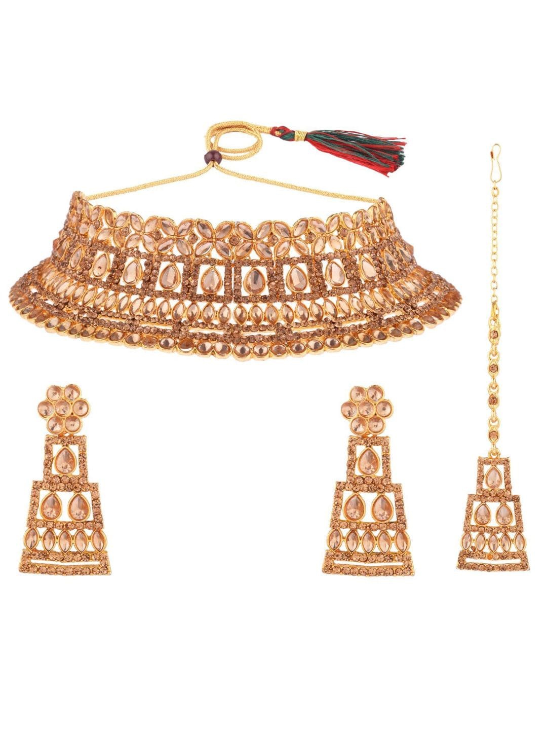 

Efulgenz Gold-Plated Crystal Studded & Beaded Traditional Jewellery Set