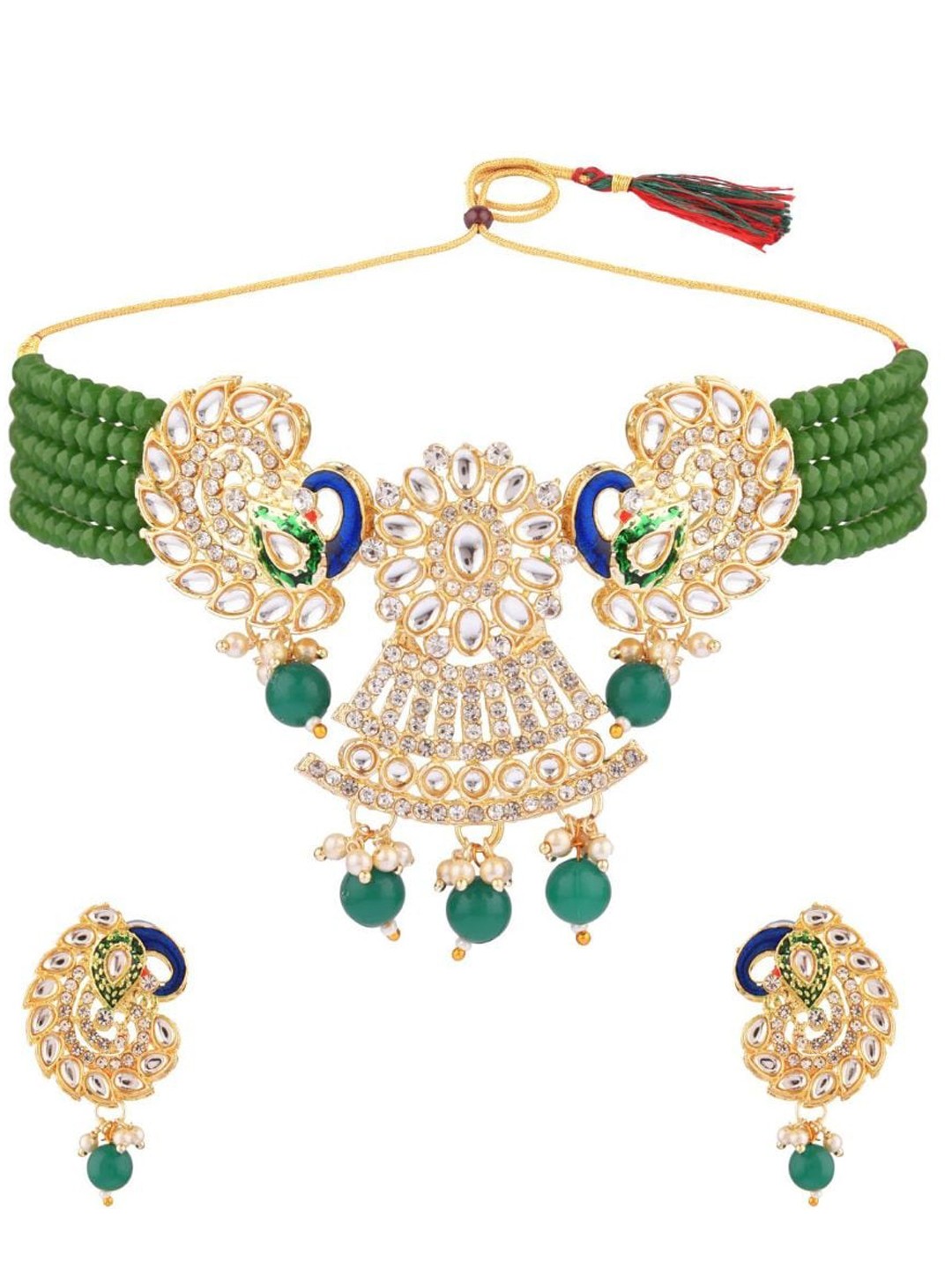 

Efulgenz Gold-Plated Green & White Crystal Studded & Beaded Traditional Jewellery Set