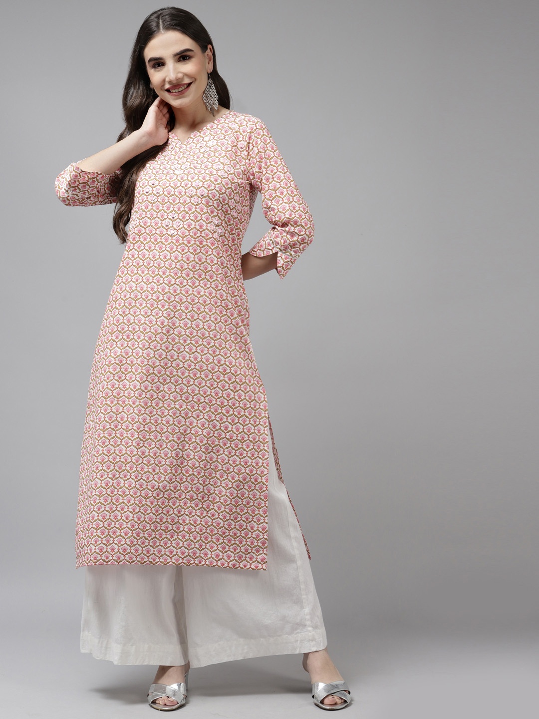 

Amirah s Women Pink & Green Pure Cotton Ethnic Motifs Embroidered Kurta