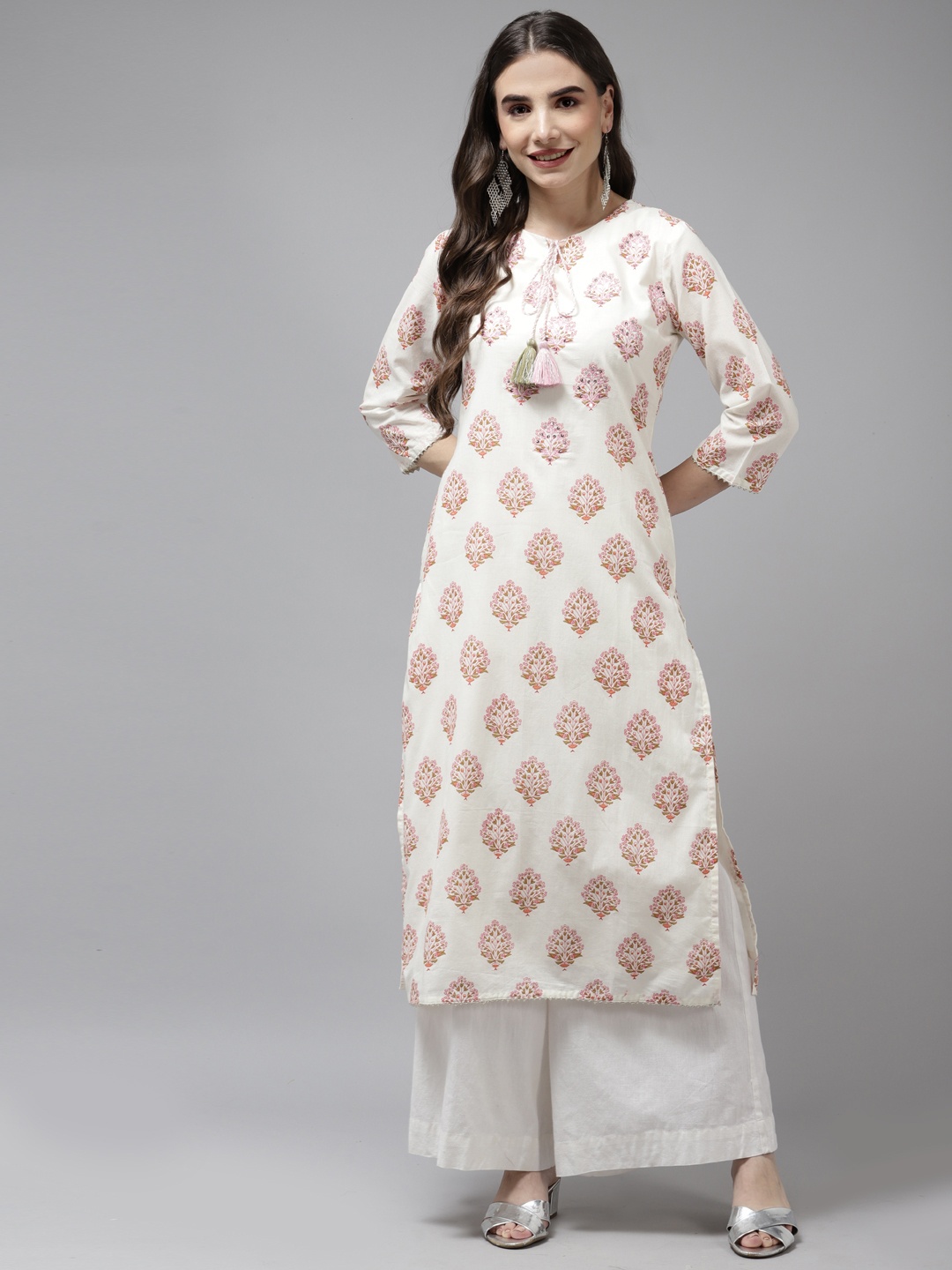 

Amirah s Women Off White & Pink Ethnic Motifs Printed Pure Cotton Kurta