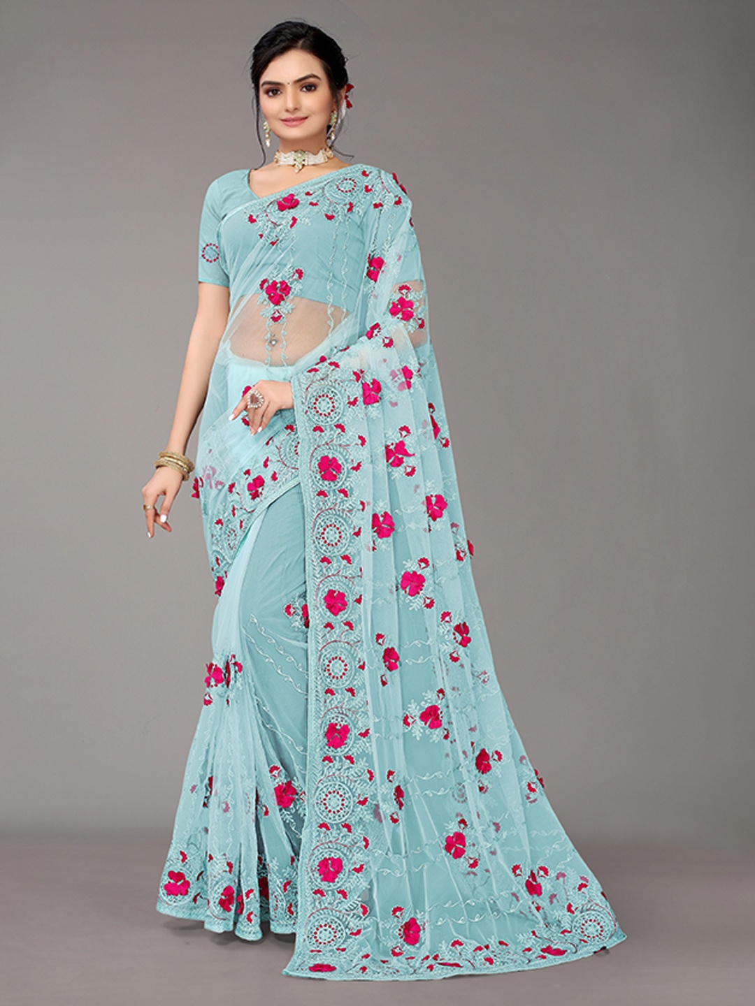

Nimayaa Turquoise Blue & Pink Floral Embroidered Net Heavy Work Saree