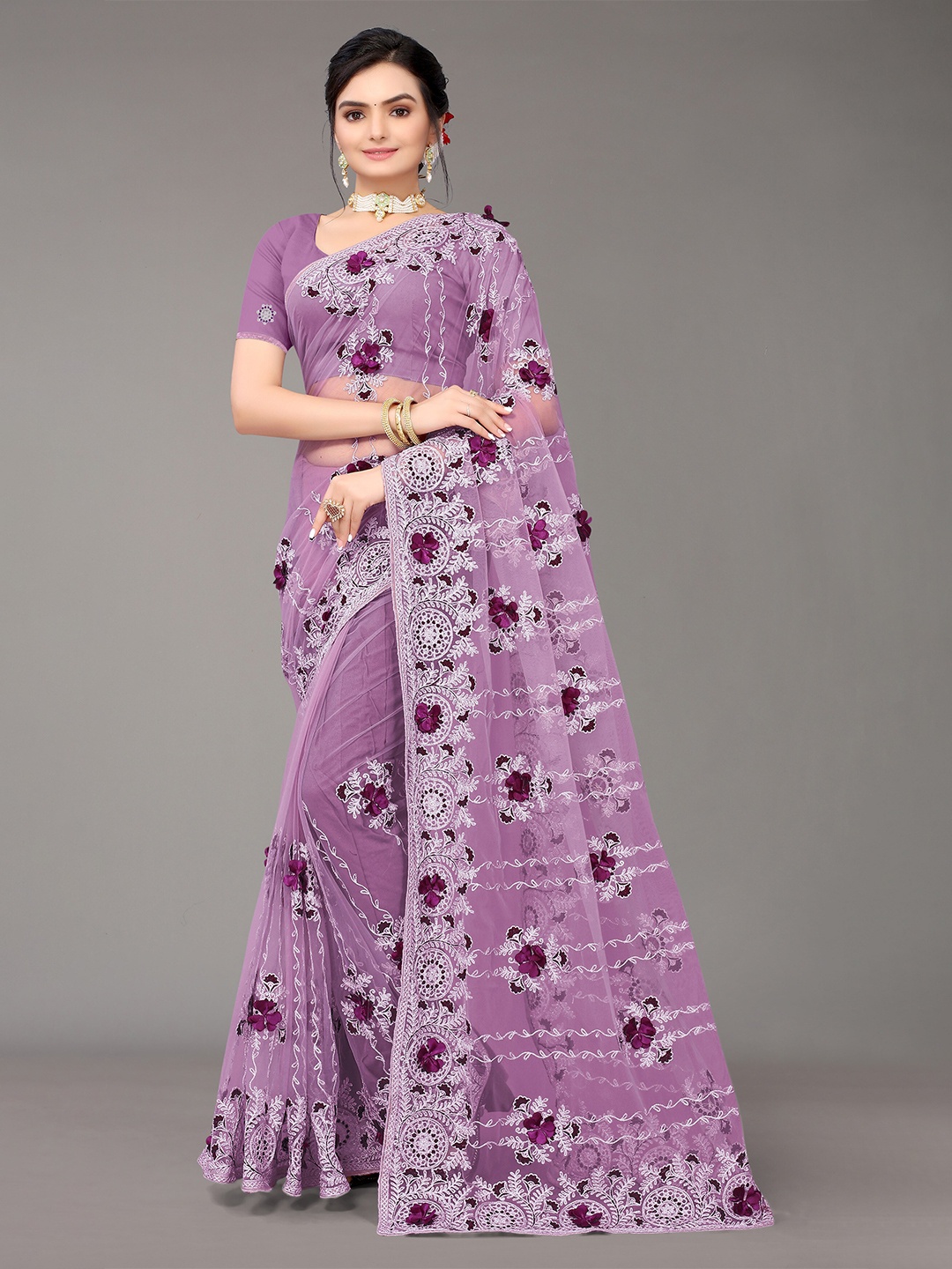 

Nimayaa Mauve & Purple Floral Embroidered Net Heavy Work Saree