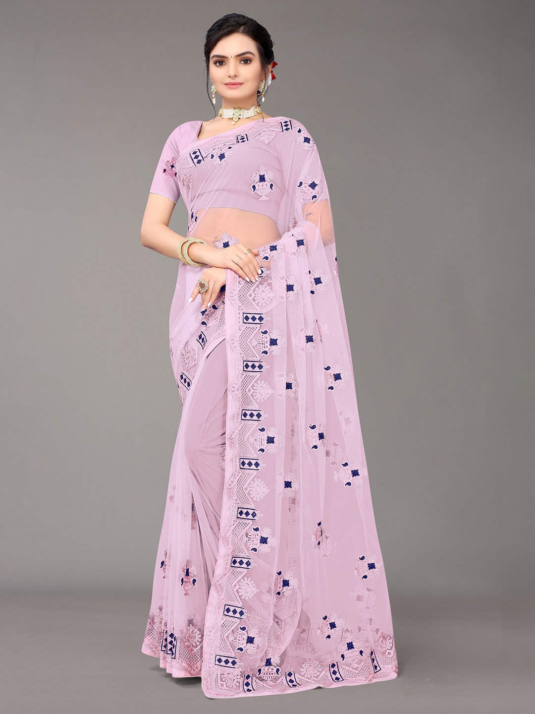 

Nimayaa Pink & Blue Ethnic Motifs Embroidered Saree