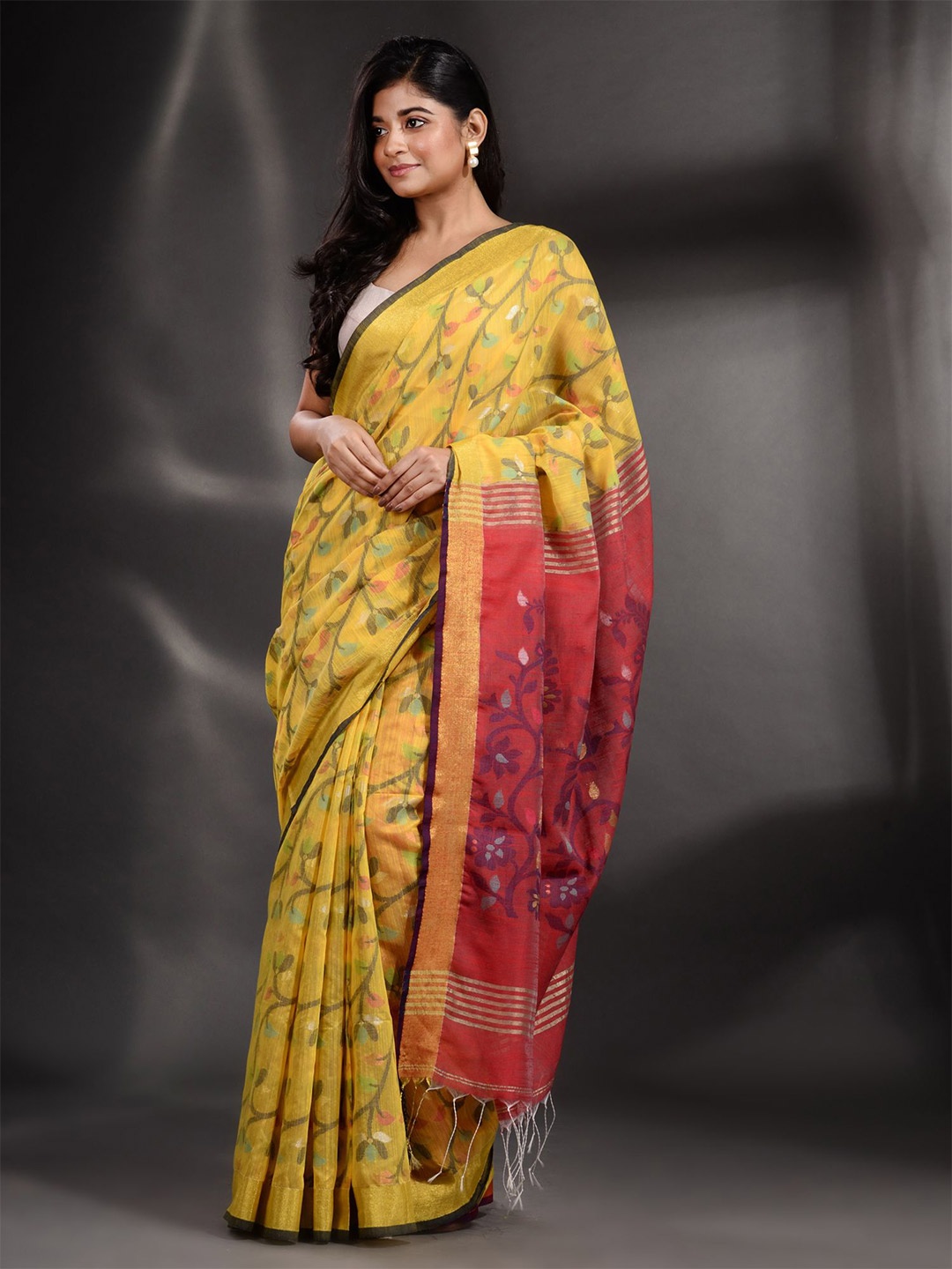 

Arhi Women Yellow & Maroon Woven Design Zari Pure Cotton Saree