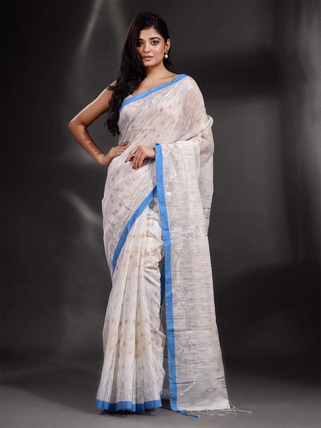 

Arhi White & Blue Woven Design Zari Pure Cotton Saree