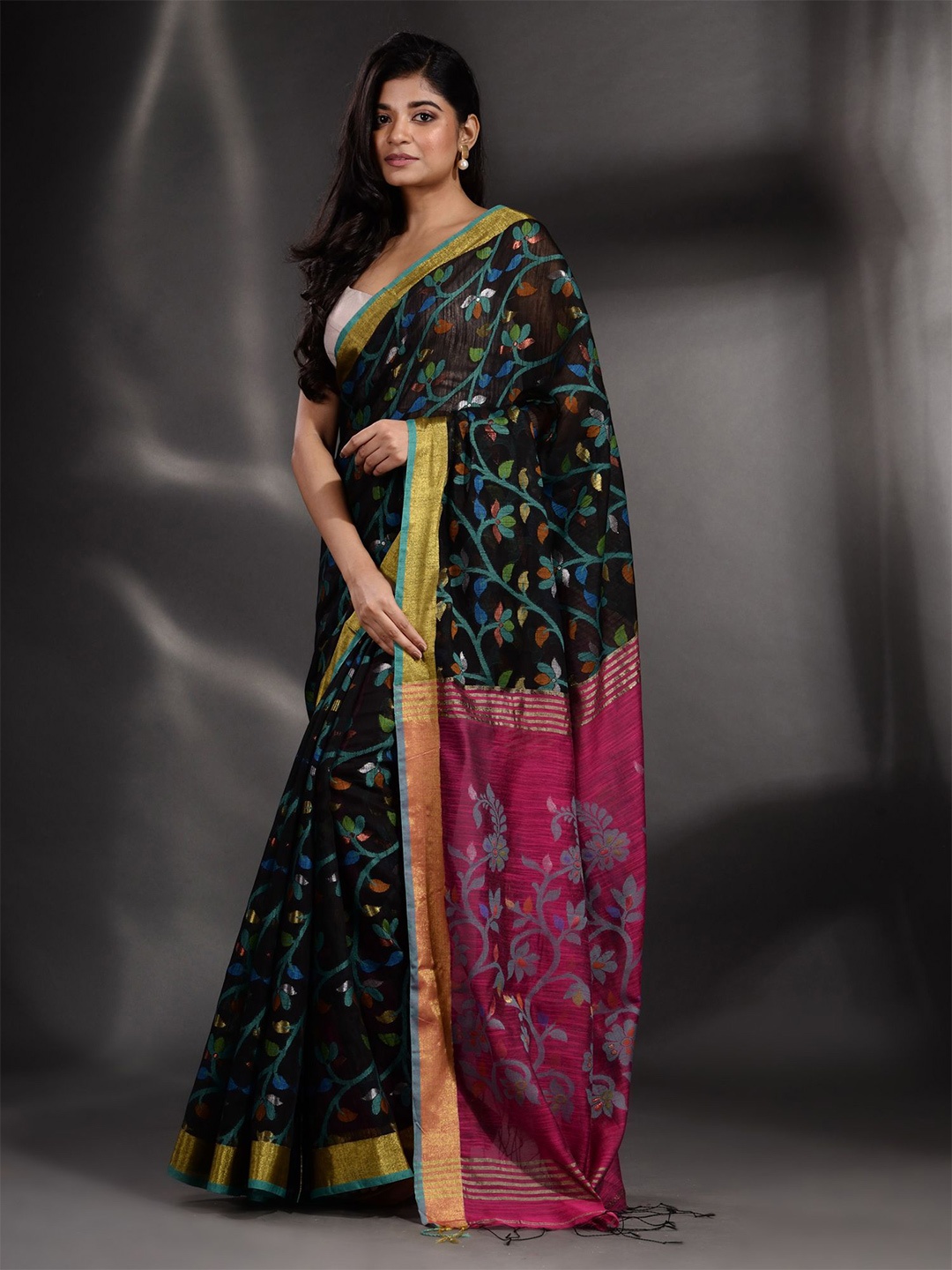 

Arhi Black & Green Woven Design Zari Pure Cotton Saree