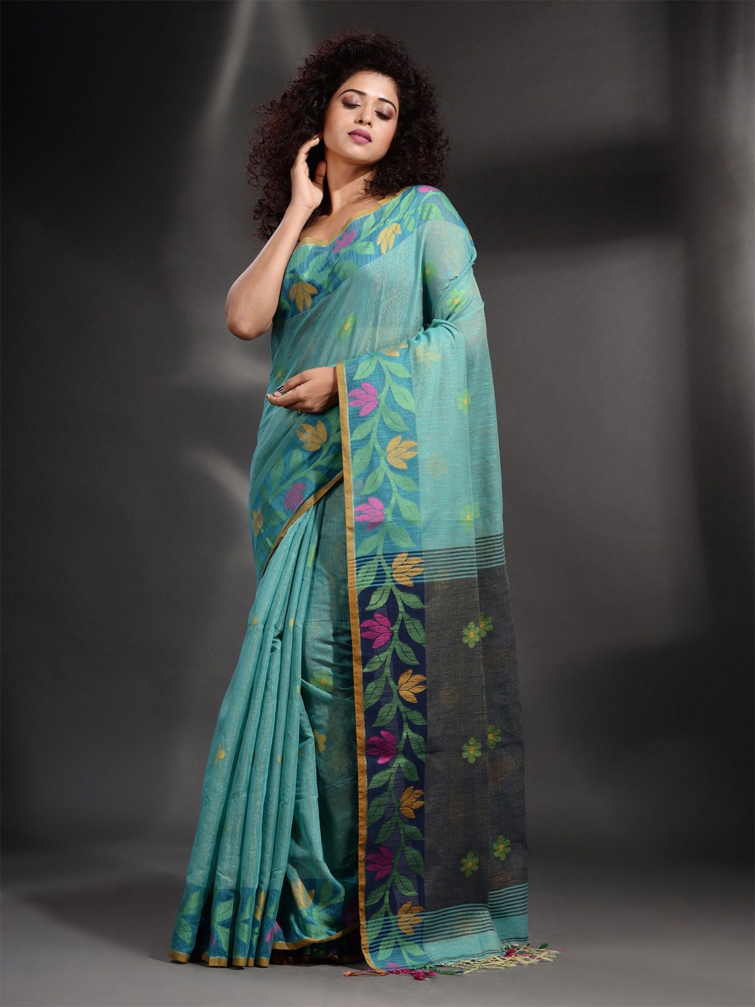

Arhi Sea Green & rey Floral Tissue Saree