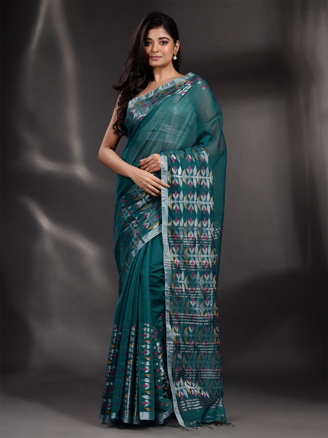 

Arhi Teal & Silver-Toned Woven Design Zari Saree