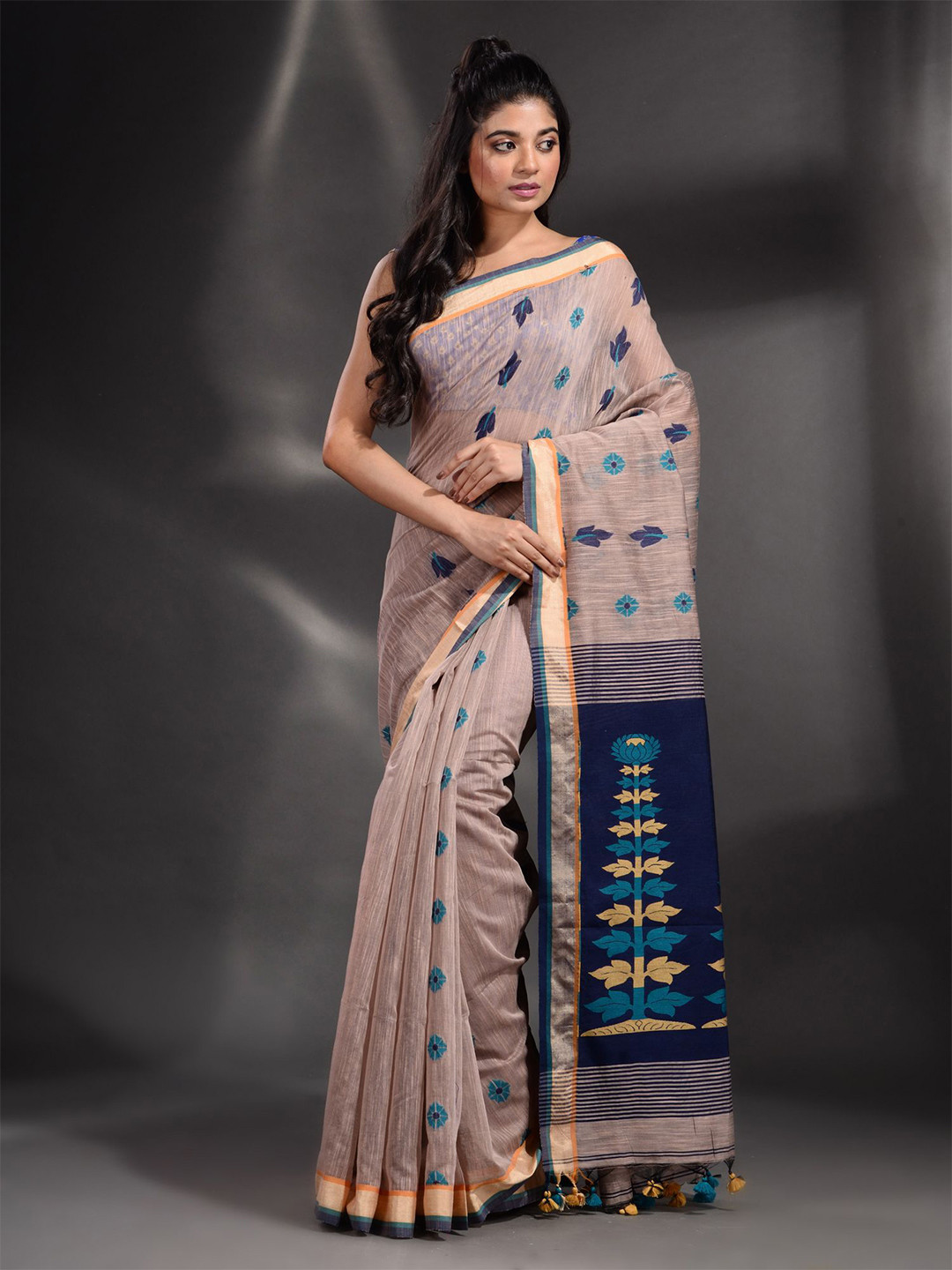 

Arhi Beige & Blue Woven Design Zari Pure Cotton Saree