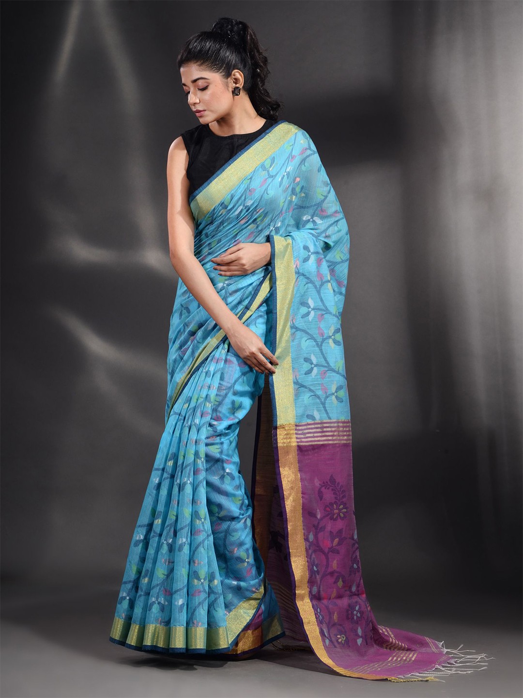 

Arhi Blue & Purple Woven Design Zari Pure Cotton Saree