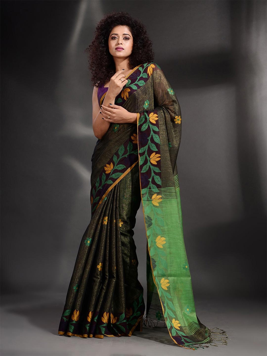 

Arhi Green & Mustard Woven Design Tissue Saree