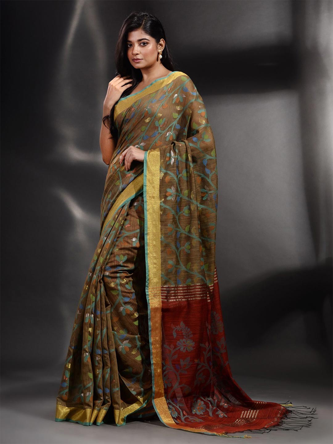

Arhi Brown & Green Woven Design Zari Pure Cotton Saree