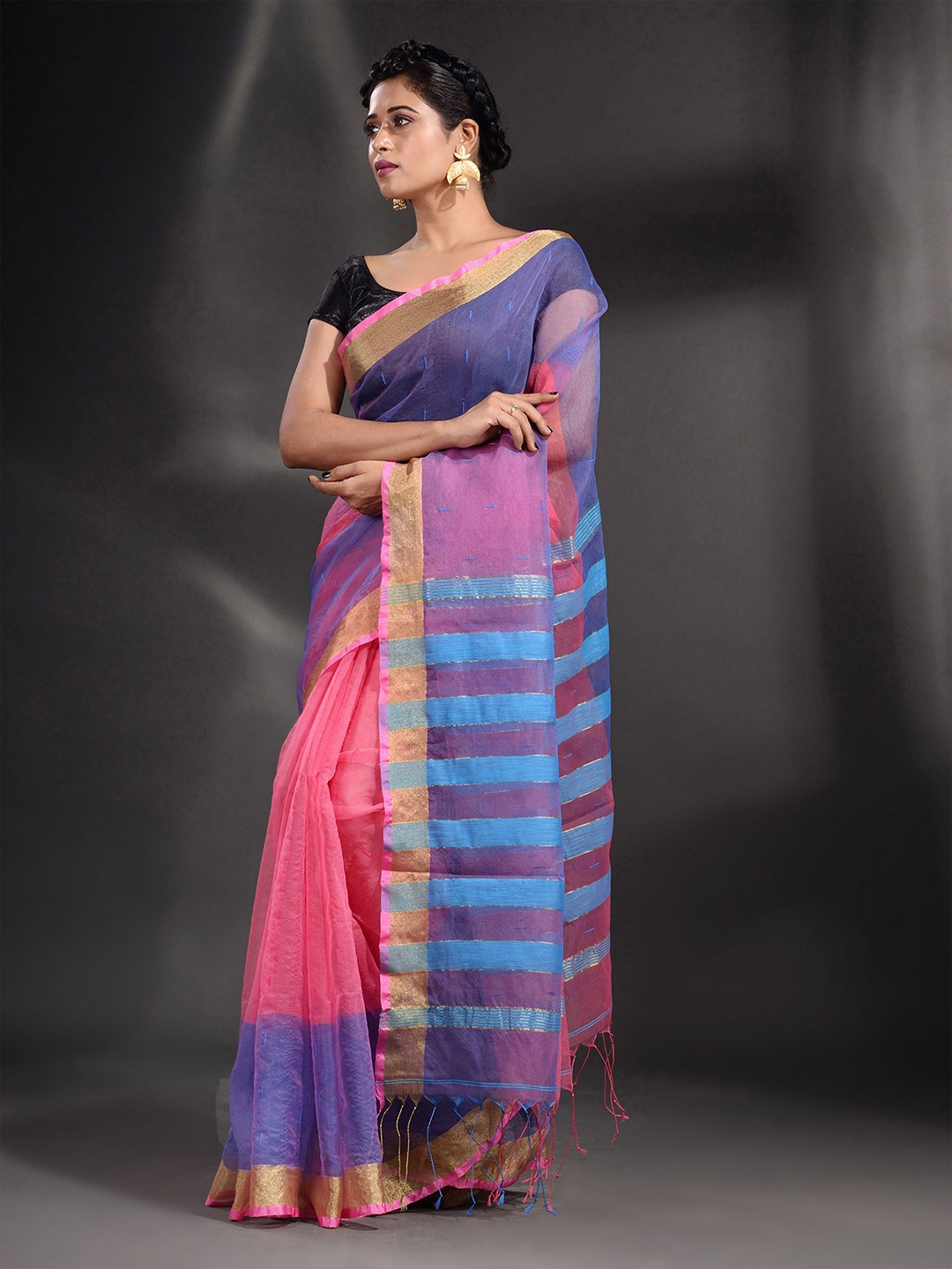 

Arhi Pink & Blue Striped Zari Saree