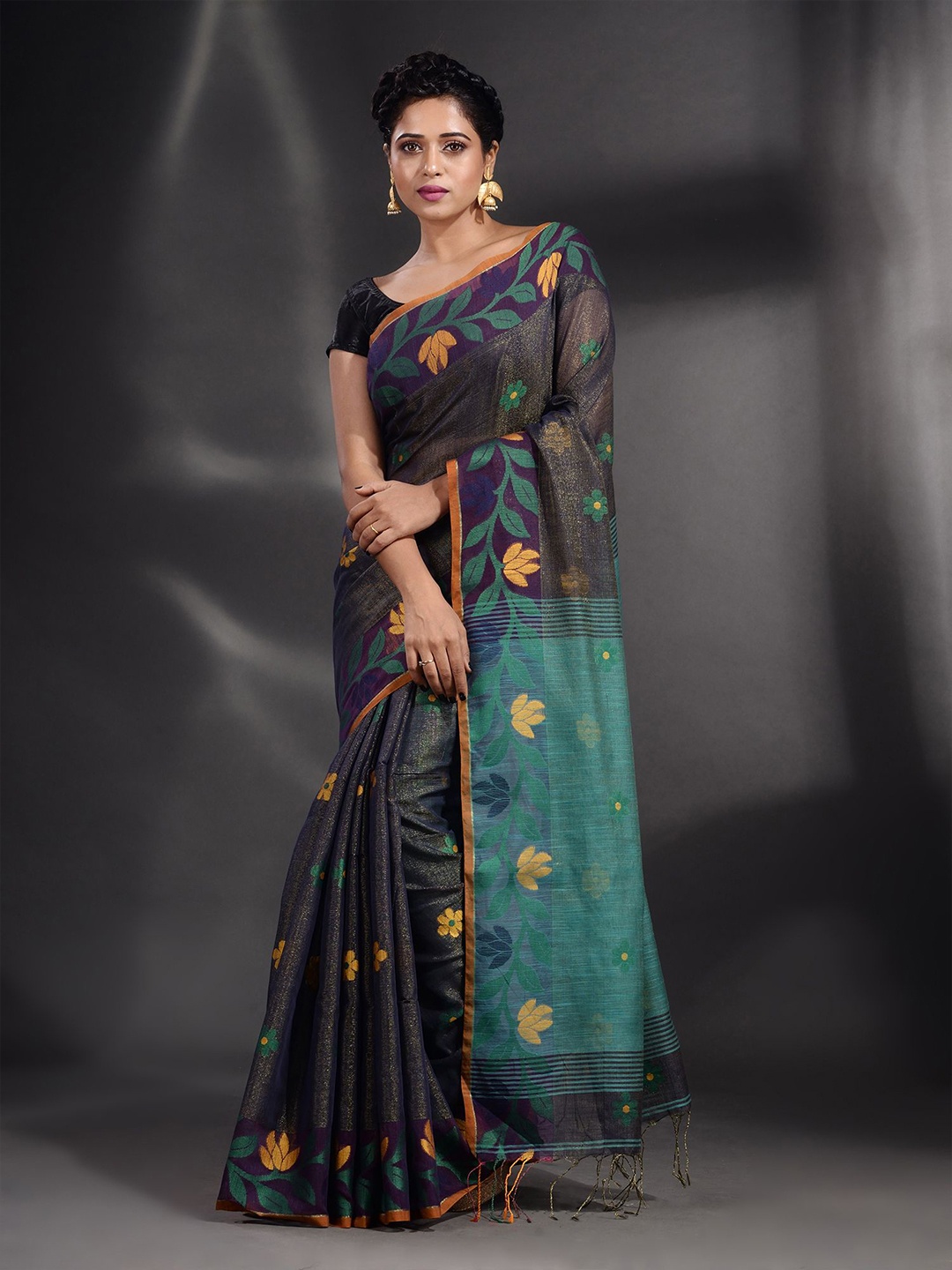 

Arhi Grey & Mustard Floral Tissue Saree