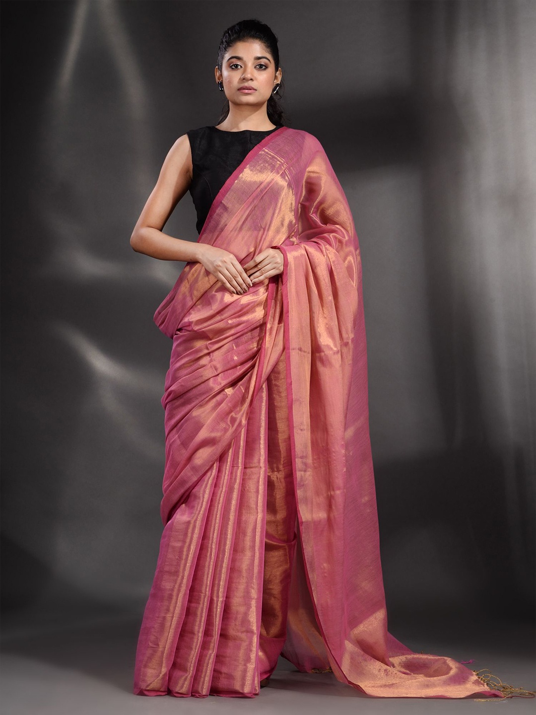 

Arhi Pink Woven Design Zari Tissue Saree With Unstitched Blouse Piece