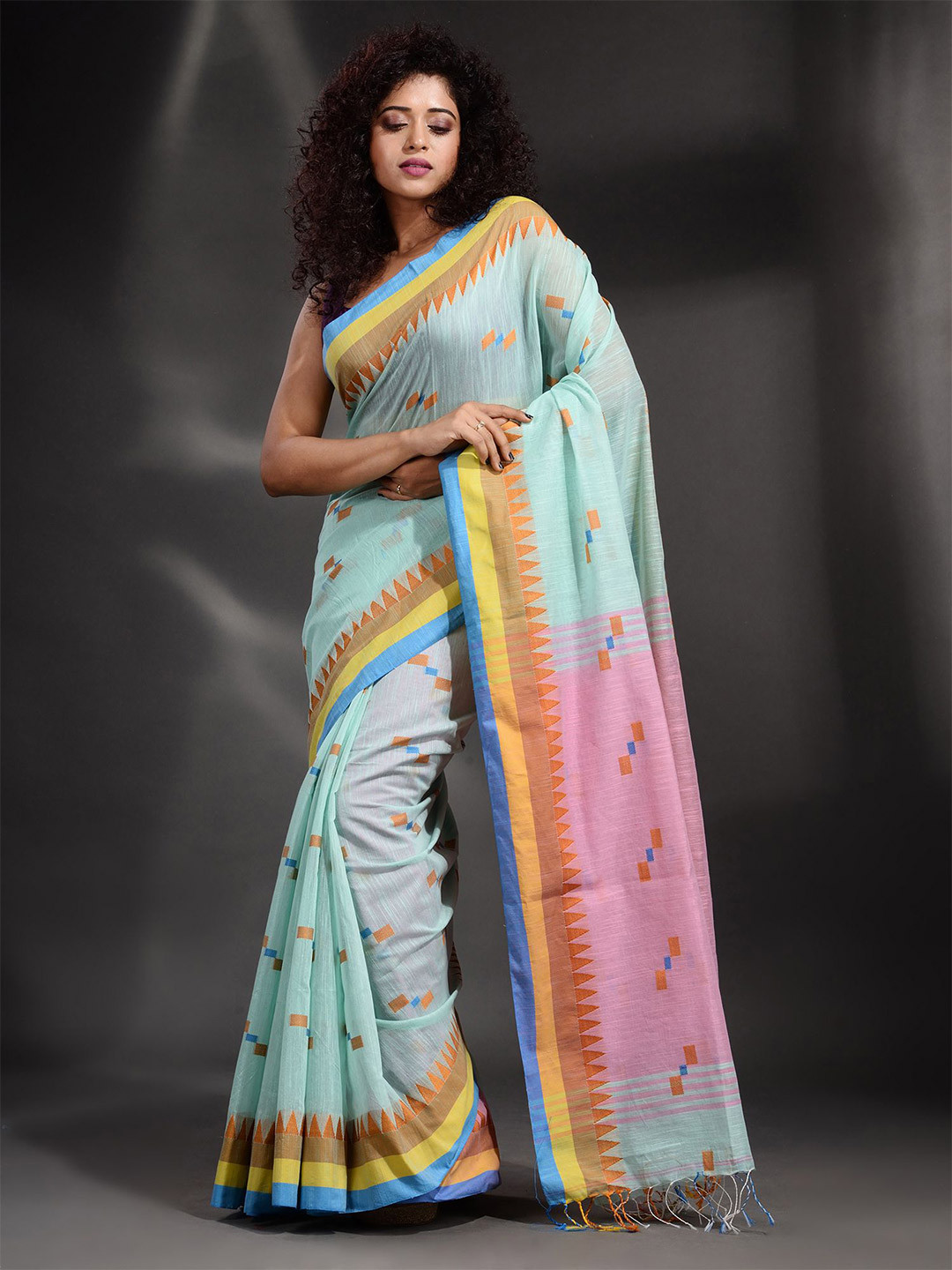 

Arhi Blue & Orange Khadi handwoven Design Pure Cotton Saree