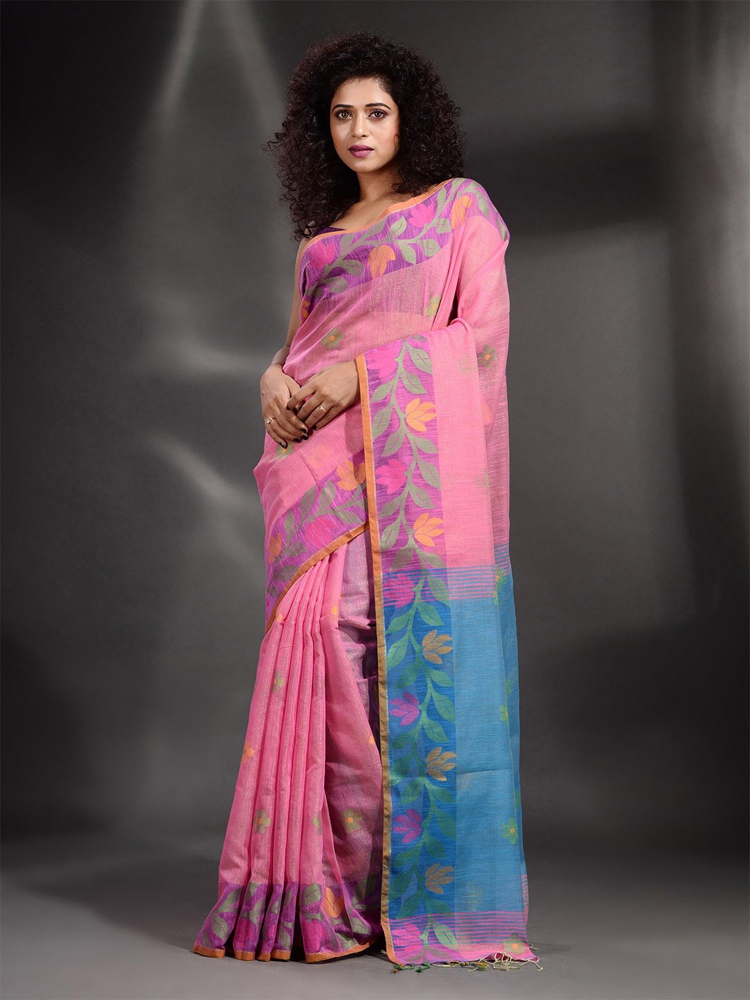 

Arhi women Pink & Blue Woven Design Tissue Saree