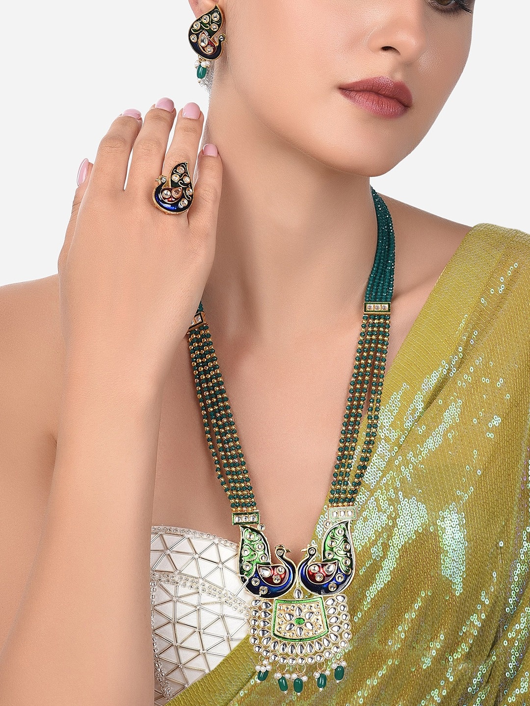 

Zaveri Pearls Gold-Plated Green & White Beaded Meenakari Jewellery Set