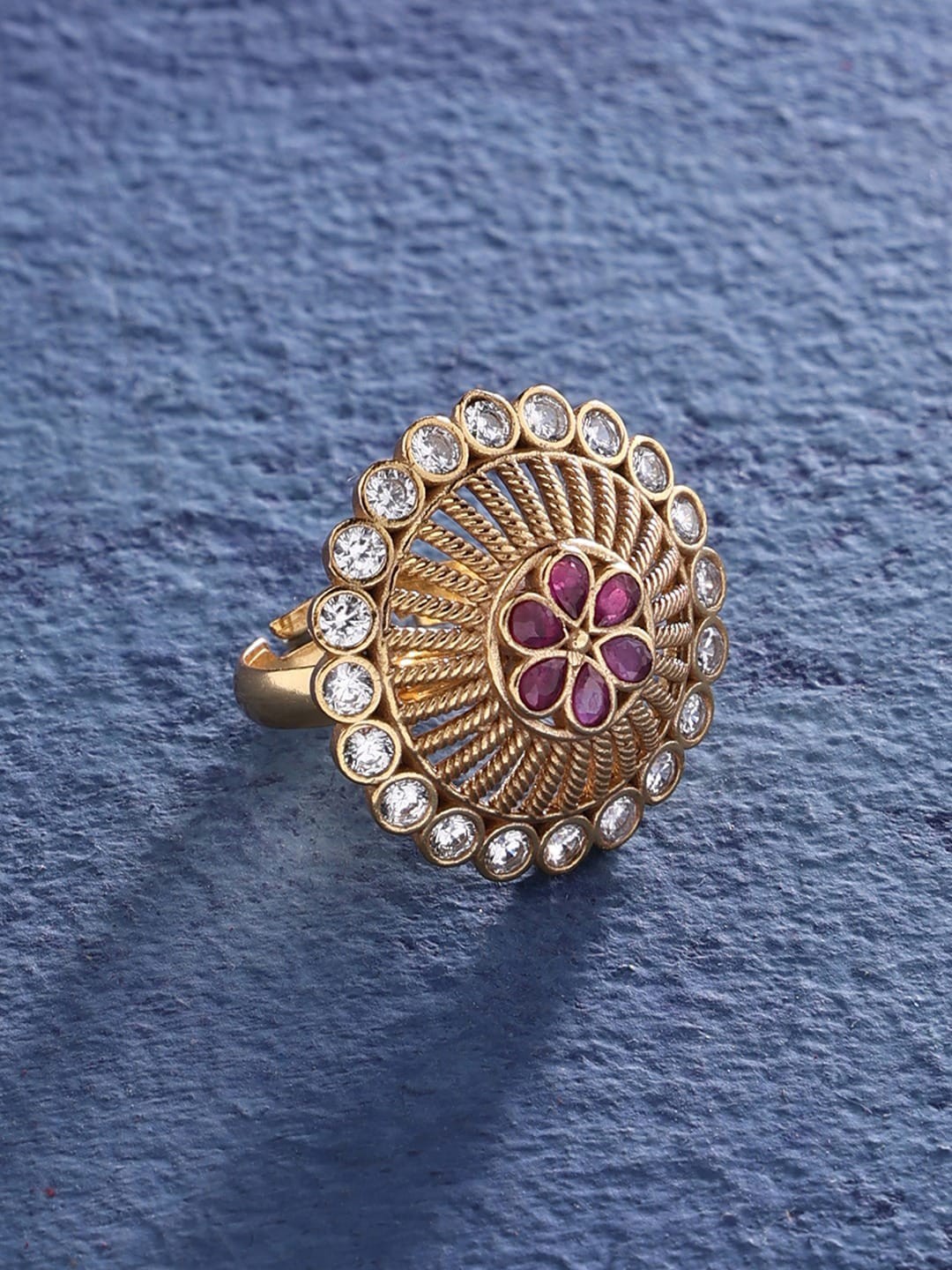 

Zaveri Pearls Gold-Plated Pink & White Stones Studded Flower Traditional Adjustable Finger Ring