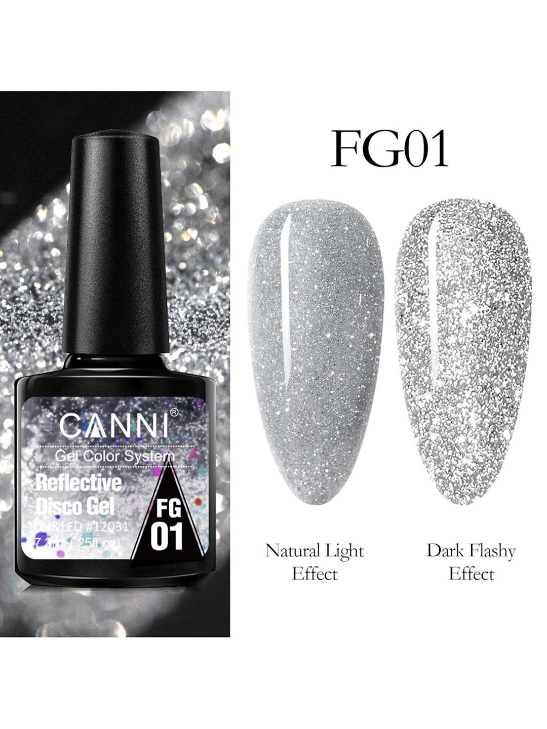 

CANNI Reflective Glitter Sparkle Disco UV & LED Light Nail Gel Polish - FG01 7.3 ml, Silver