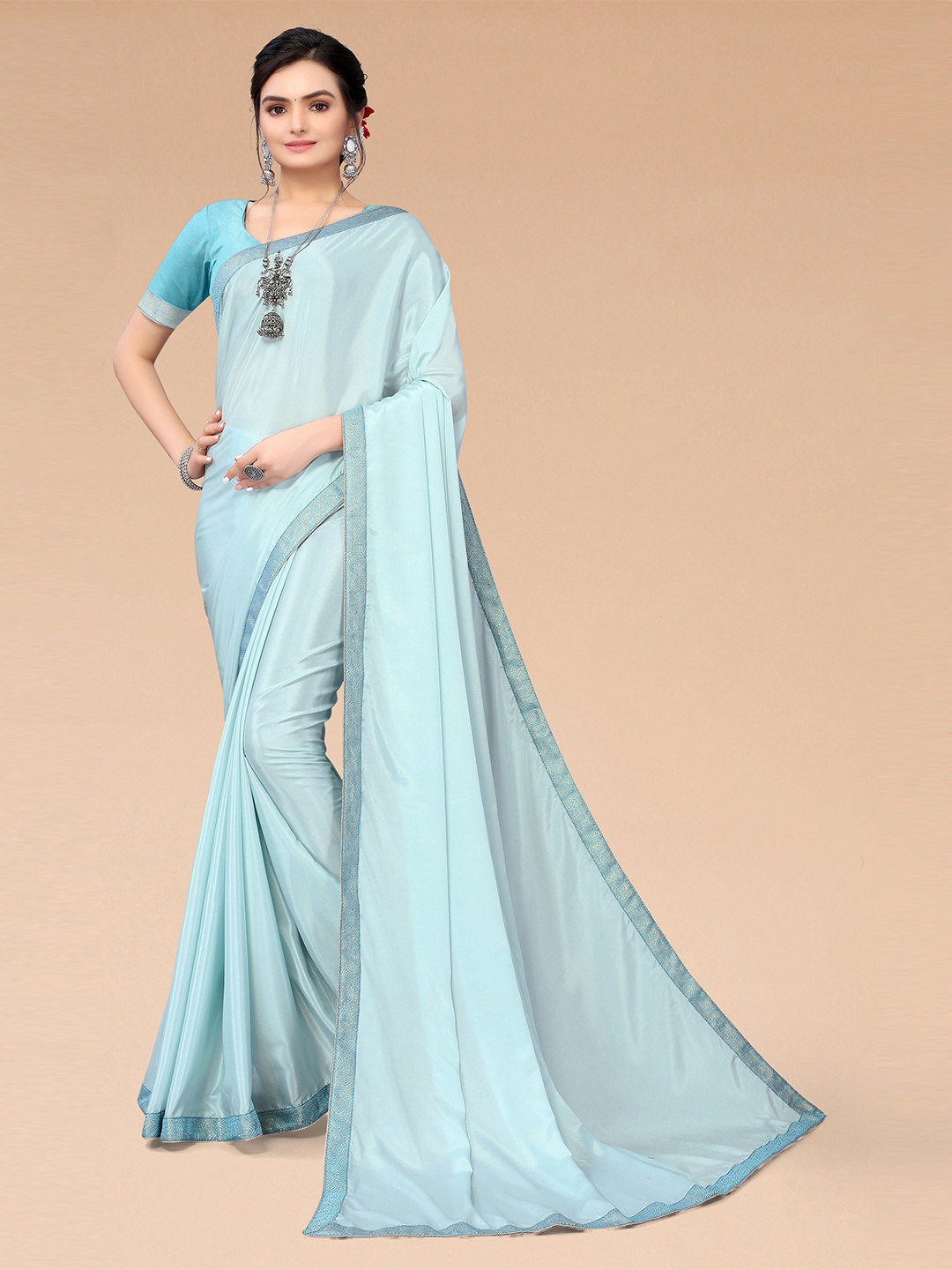 

Mitera Women Blue Satin Saree With Unstitched Blouse Piece