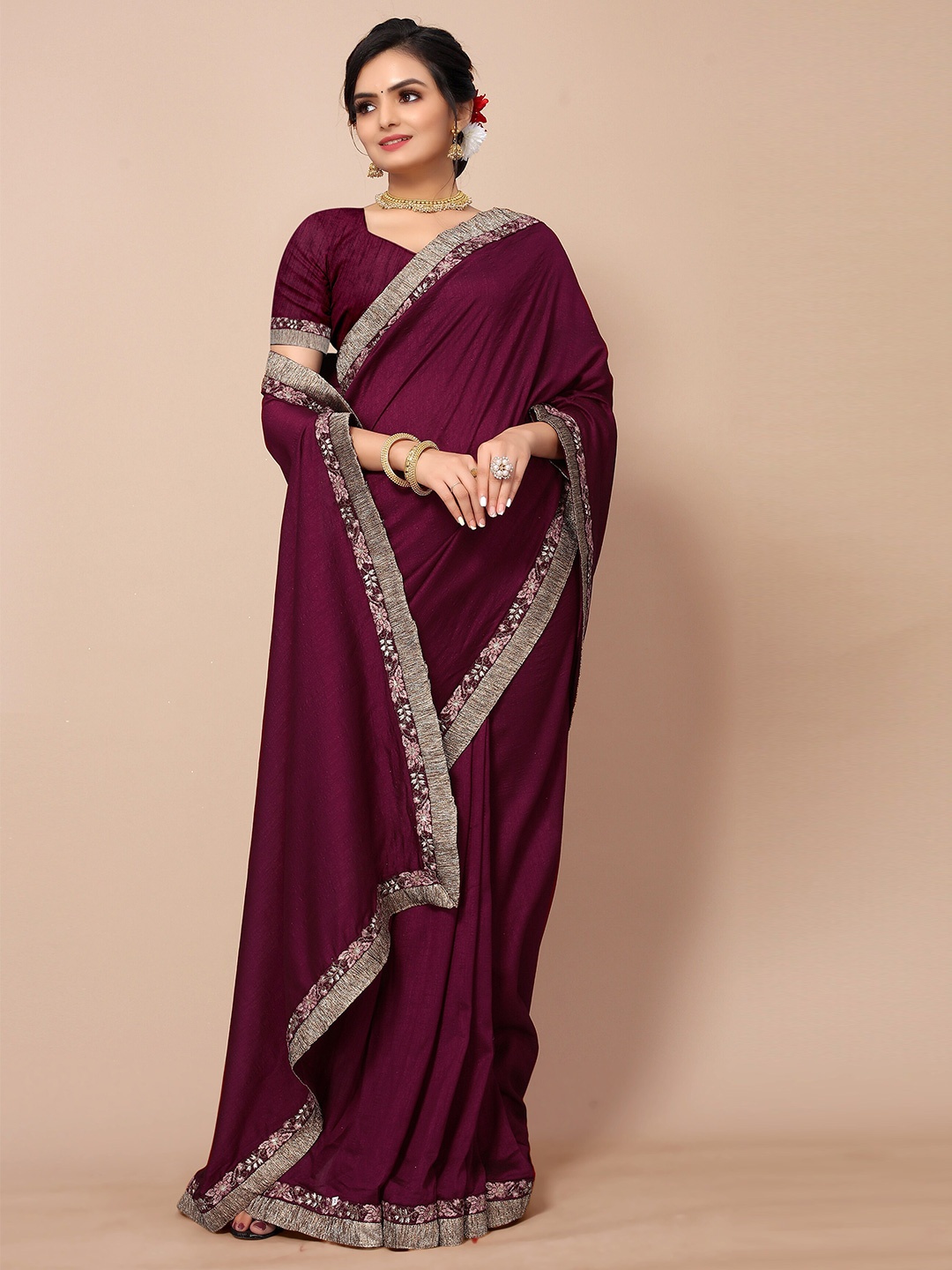 

Mitera Women Maroon & Silver-Toned Embroidery Border Saree with Unstitched Blouse Piece