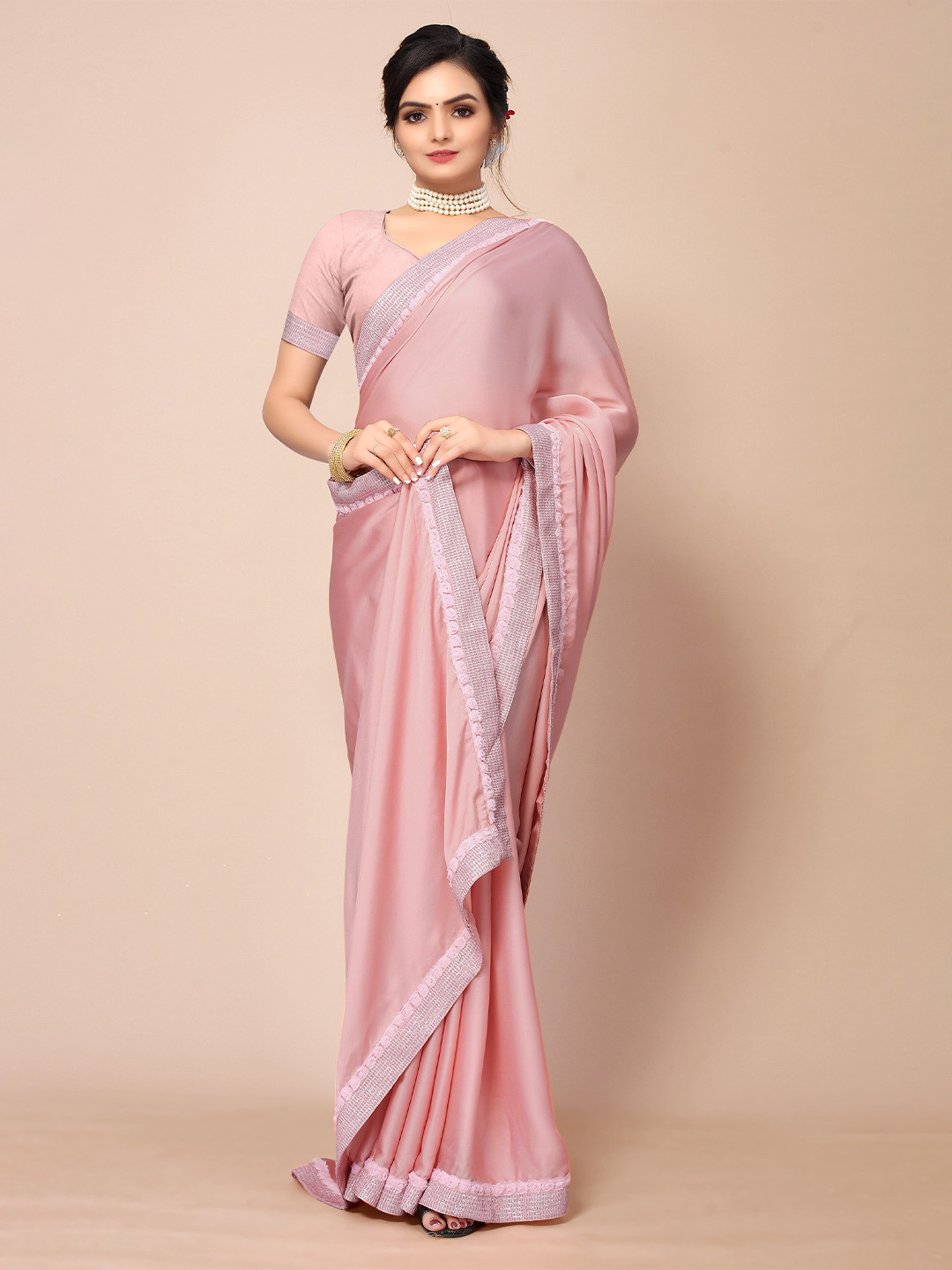 

Mitera Pink & Silver-Toned Sequinned Saree