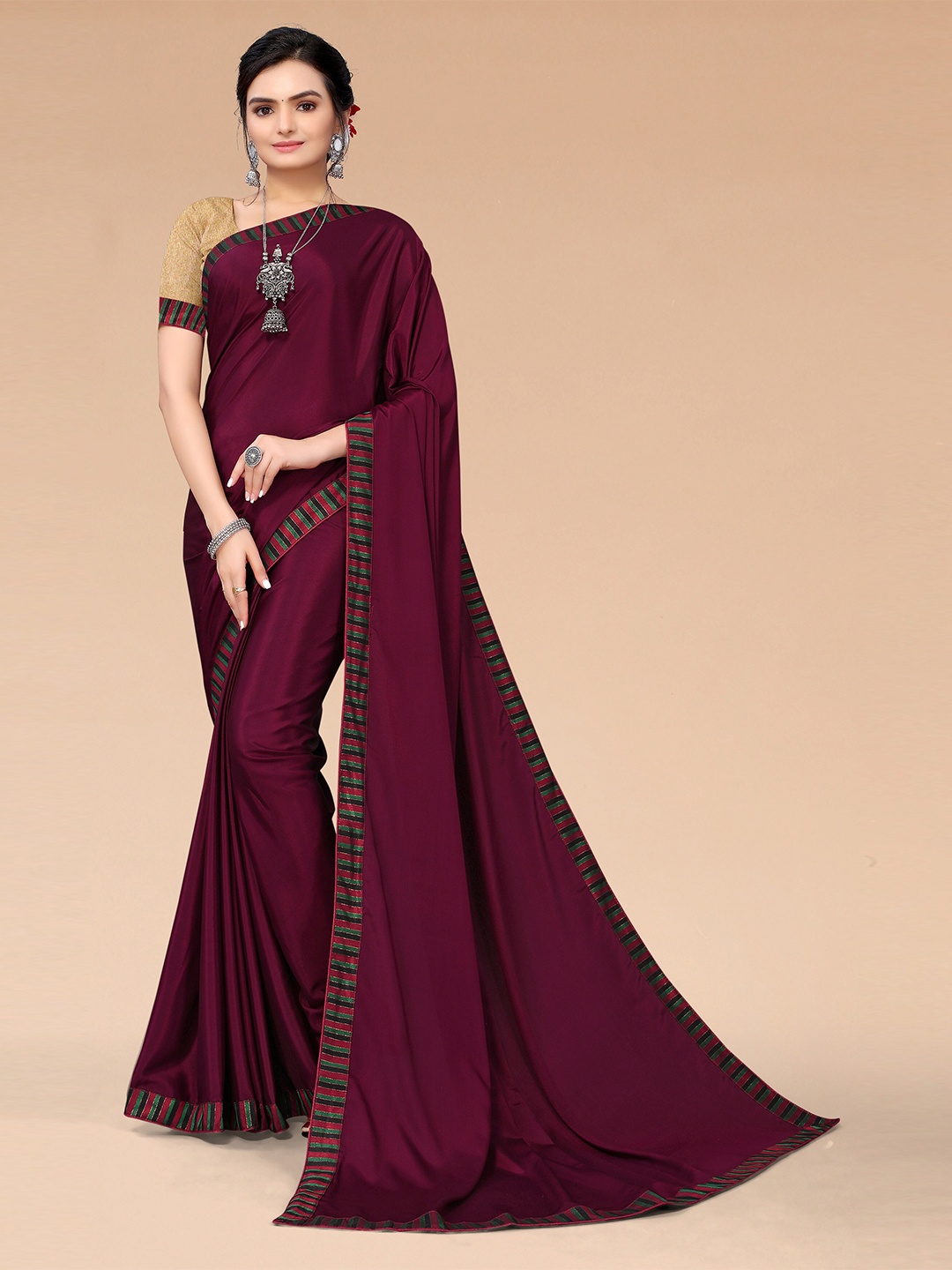 

Mitera Women Maroon & Green Satin Saree With Unstitched Blouse Piece