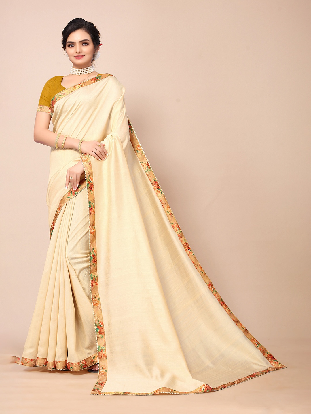 

Mitera Women Beige & Orange Zari Saree Poly Silk With Unstitched Blouse Piece