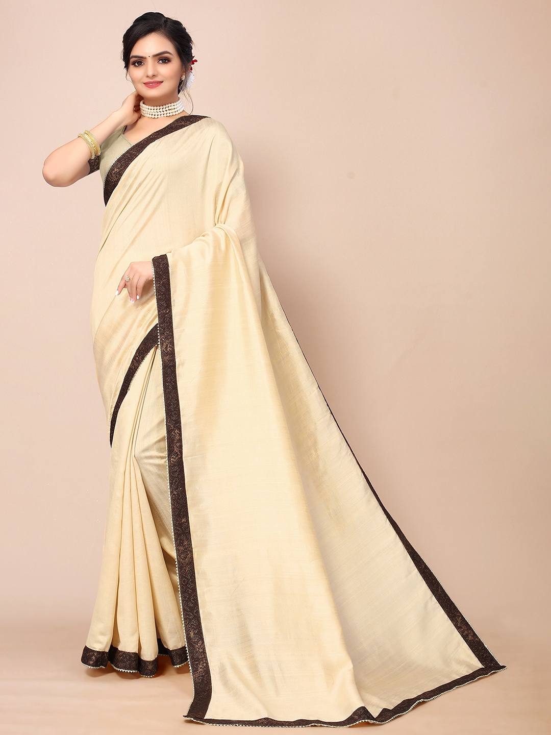 

Mitera Women Beige Poly Silk Saree With Unstitched Blouse Piece